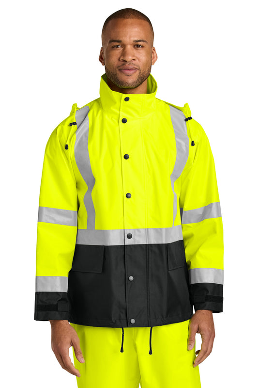 Front View of SftyYl/Blk CornerStone ANSI 107 Class 3 Rain Jacket CSJ504