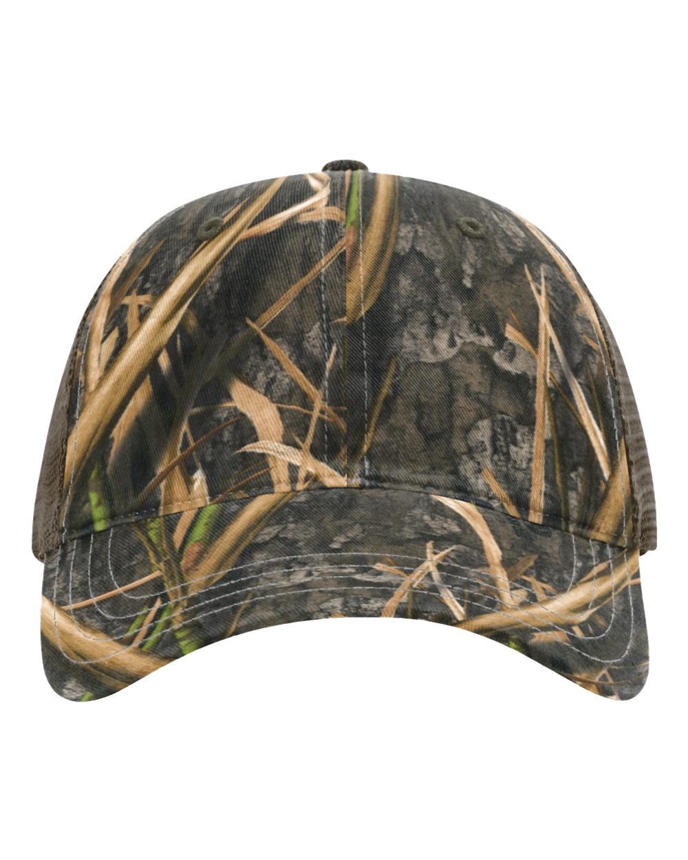 Front View of Shadow Grass Habitat/ Brown Garment Washed Printed Trucker Cap - 111P