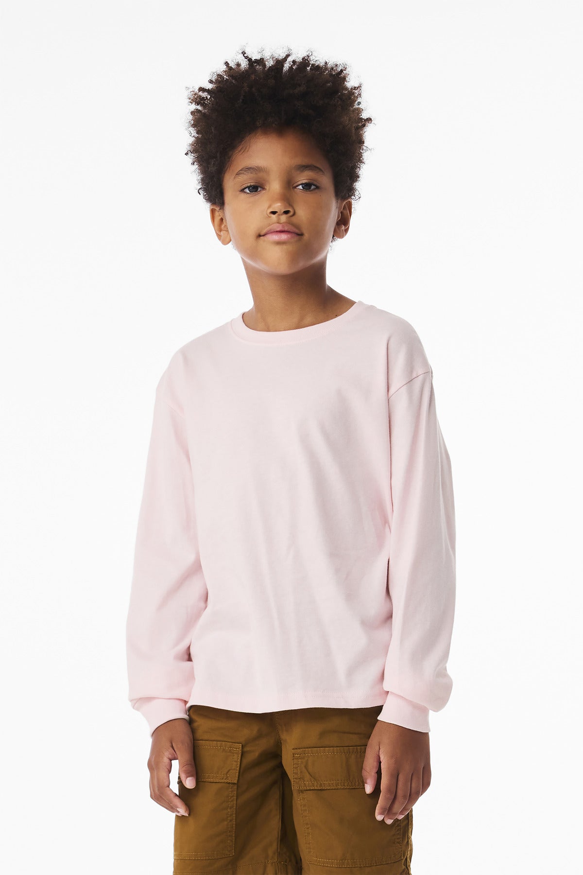 Front View of SoftPink BELLA+CANVAS Youth 6-Ounce Heavyweight Long Sleeve Tee BC3511Y