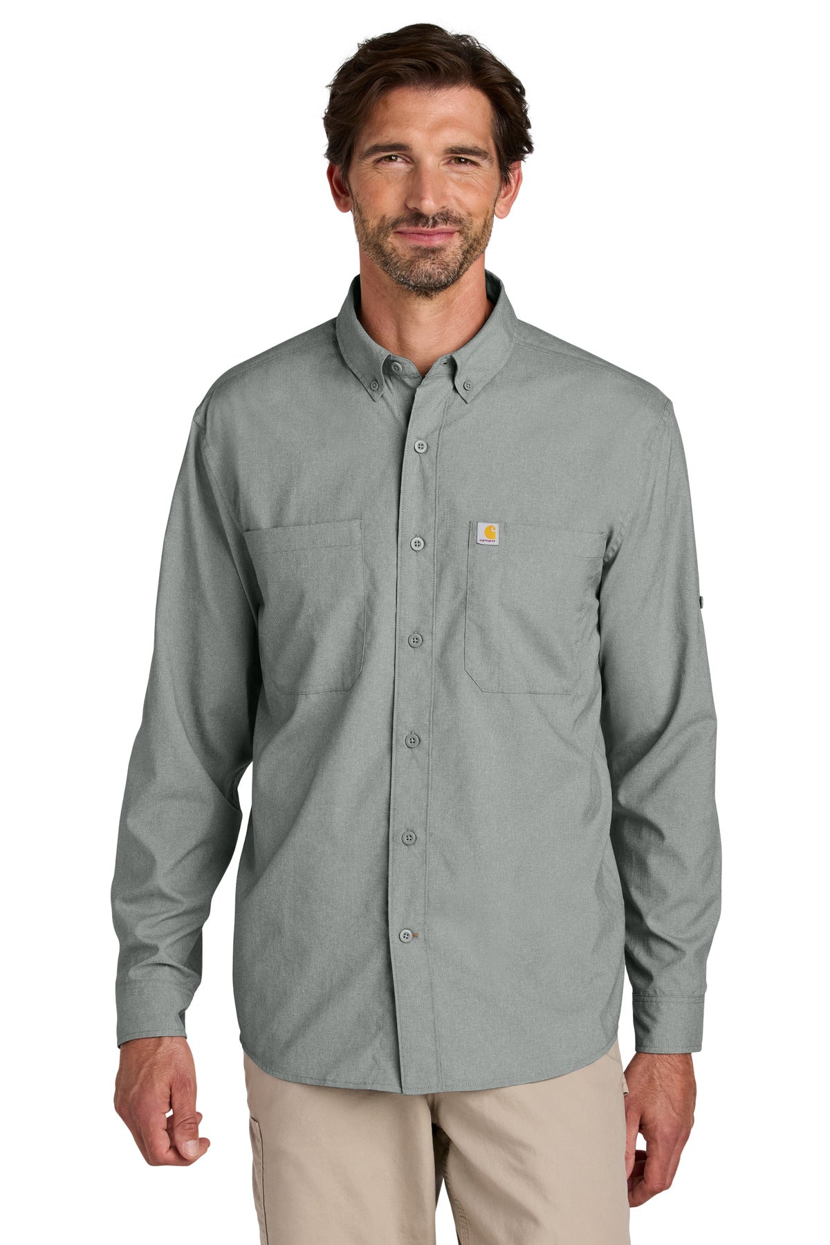 Front View of Steel Carhartt Force Sun Defender Long Sleeve Shirt CT107106