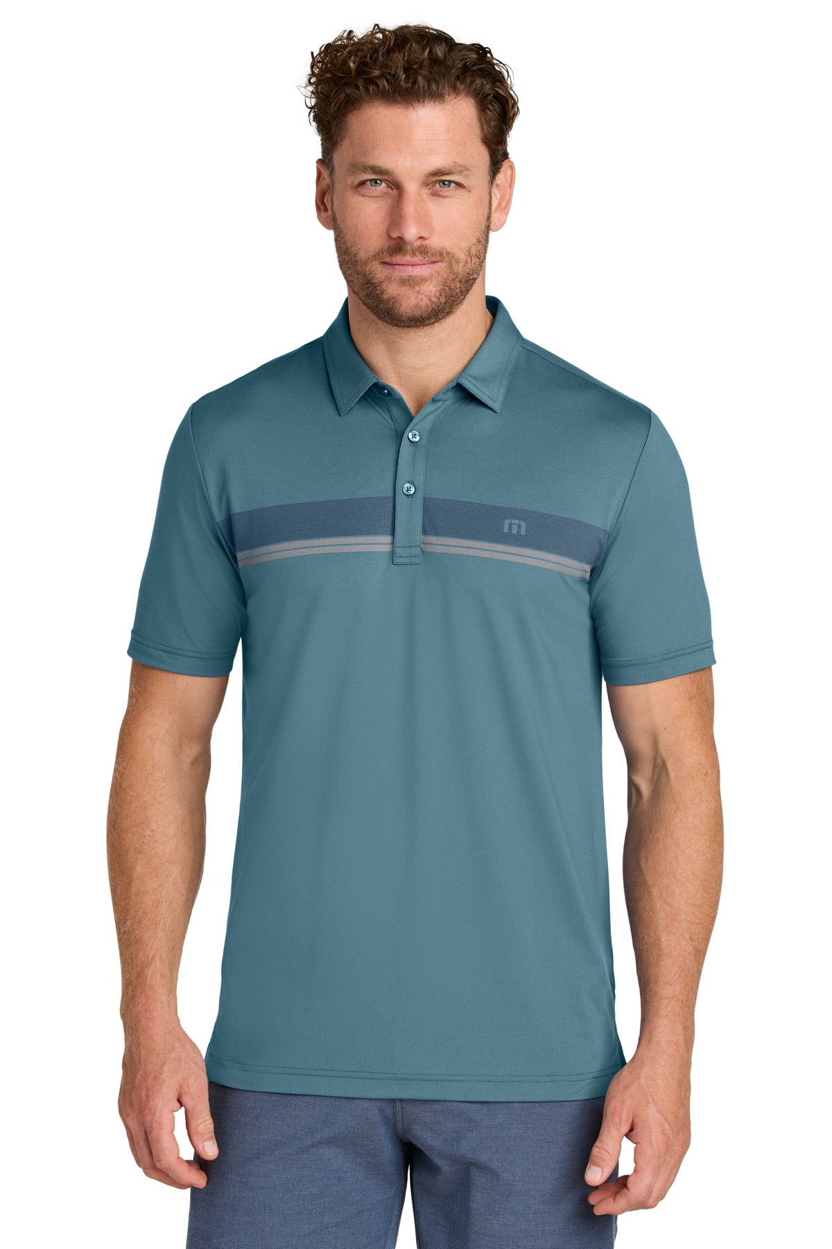 Front View of StellarBlu TravisMathew Glenview Stripe Polo TMA41462