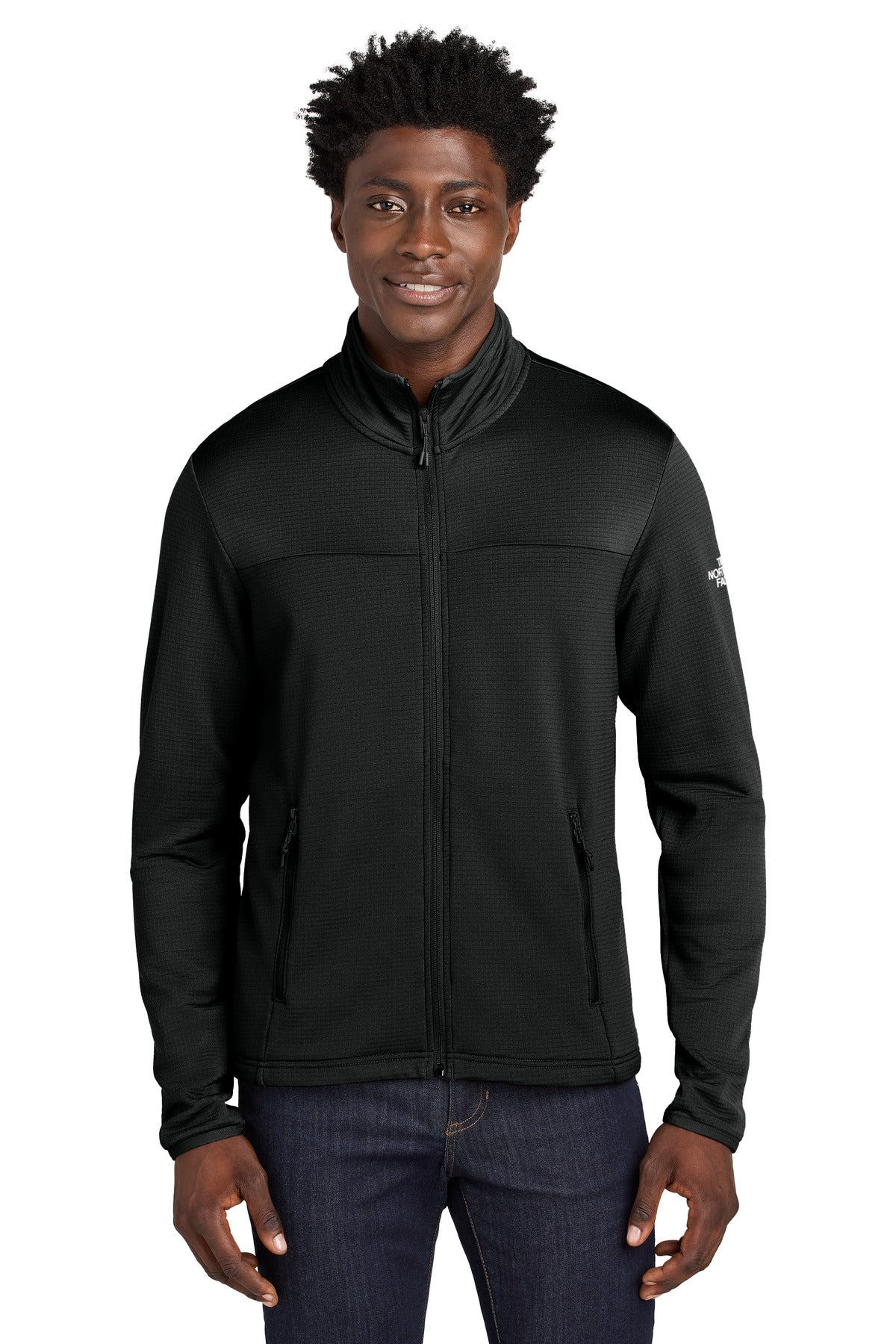 Front View of TNFBlack The North Face Aim Full-Zip Fleece Jacket NF0A8ENK