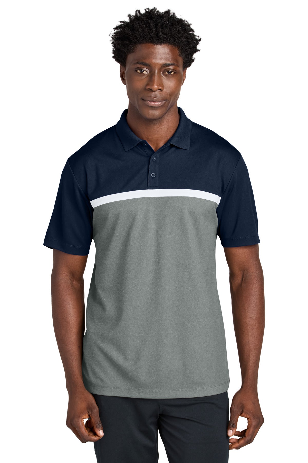 Front View of TNv/GCcH/W Sport-Tek UV Micropique Colorblock Polo ST741