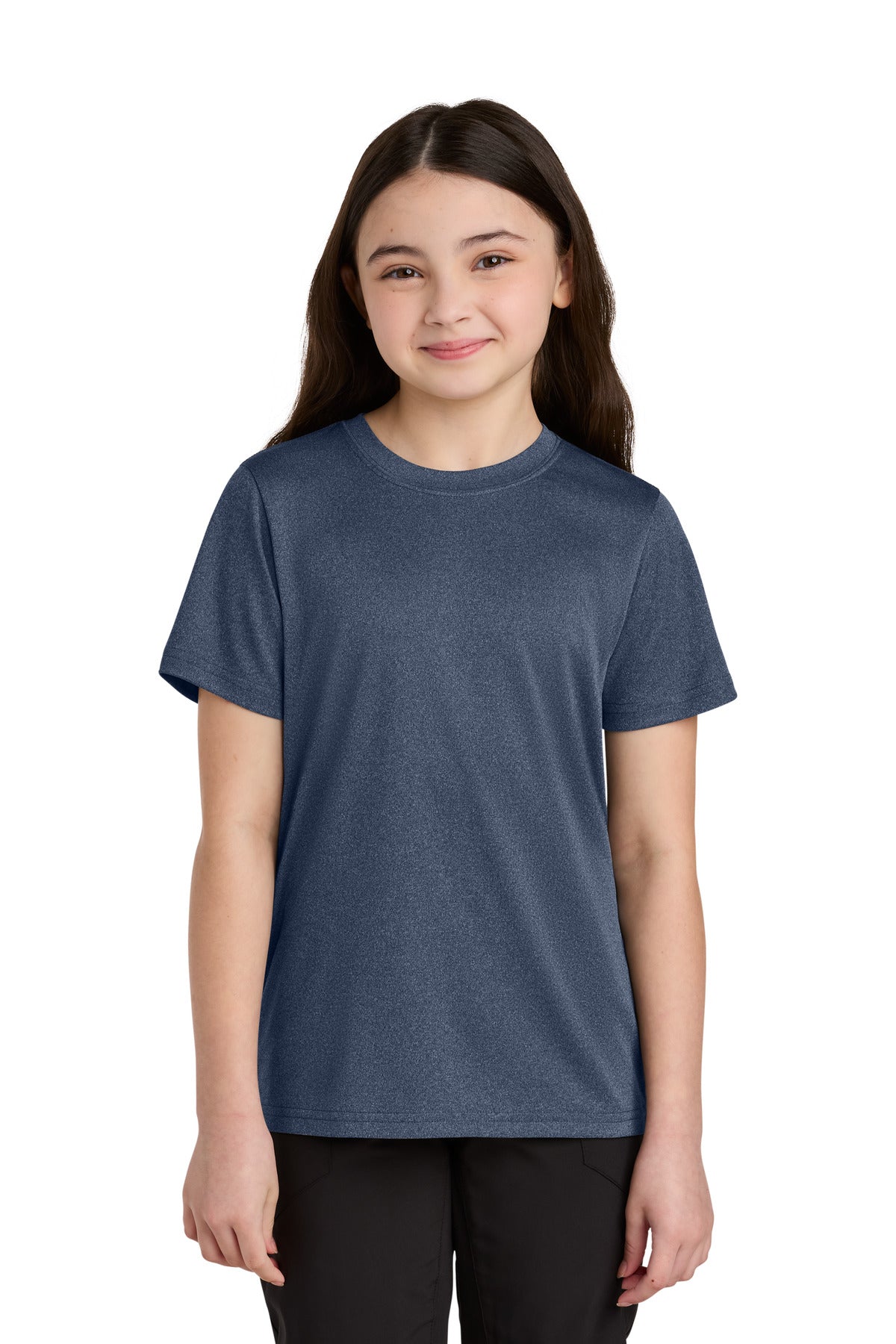 Front View of TrNvyHthr Port & Co Youth Heather Performance Tee PC390Y