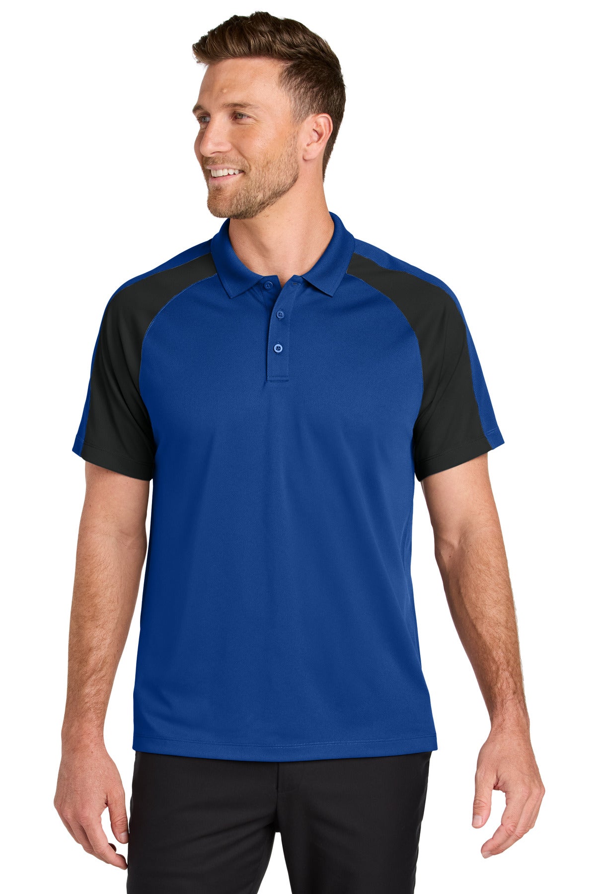 Front View of TRoyal/Bk Port Authority Wearever Performance Pique Colorblock Polo K247