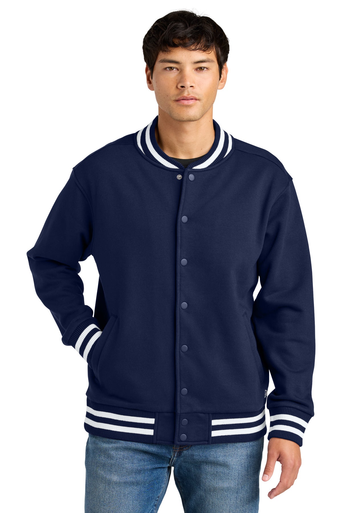 Front View of TrueNavy New Era Varsity Heavyweight Fleece Jacket NEA560