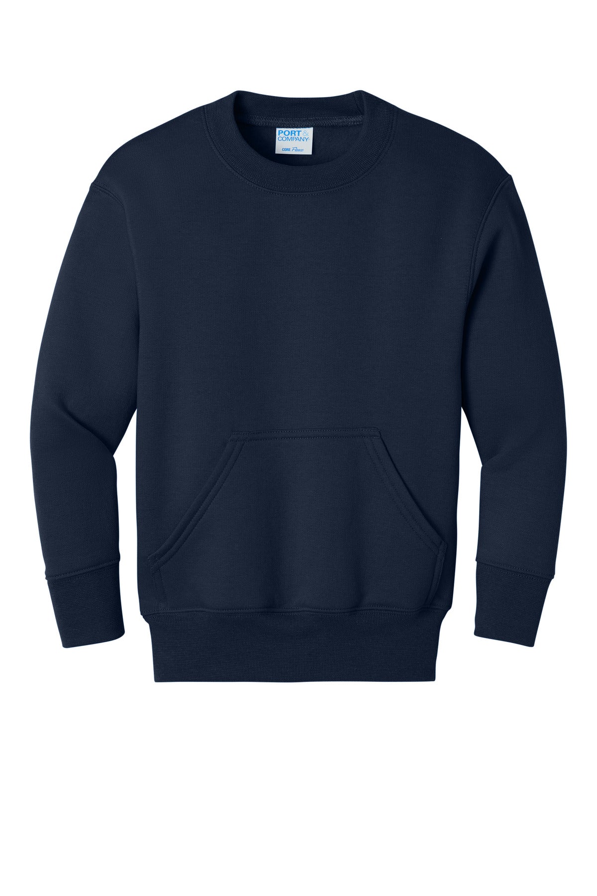 Front View of TrueNavy Port & Co Youth Core Fleece Crewneck Pocket Sweatshirt PC78YPKT