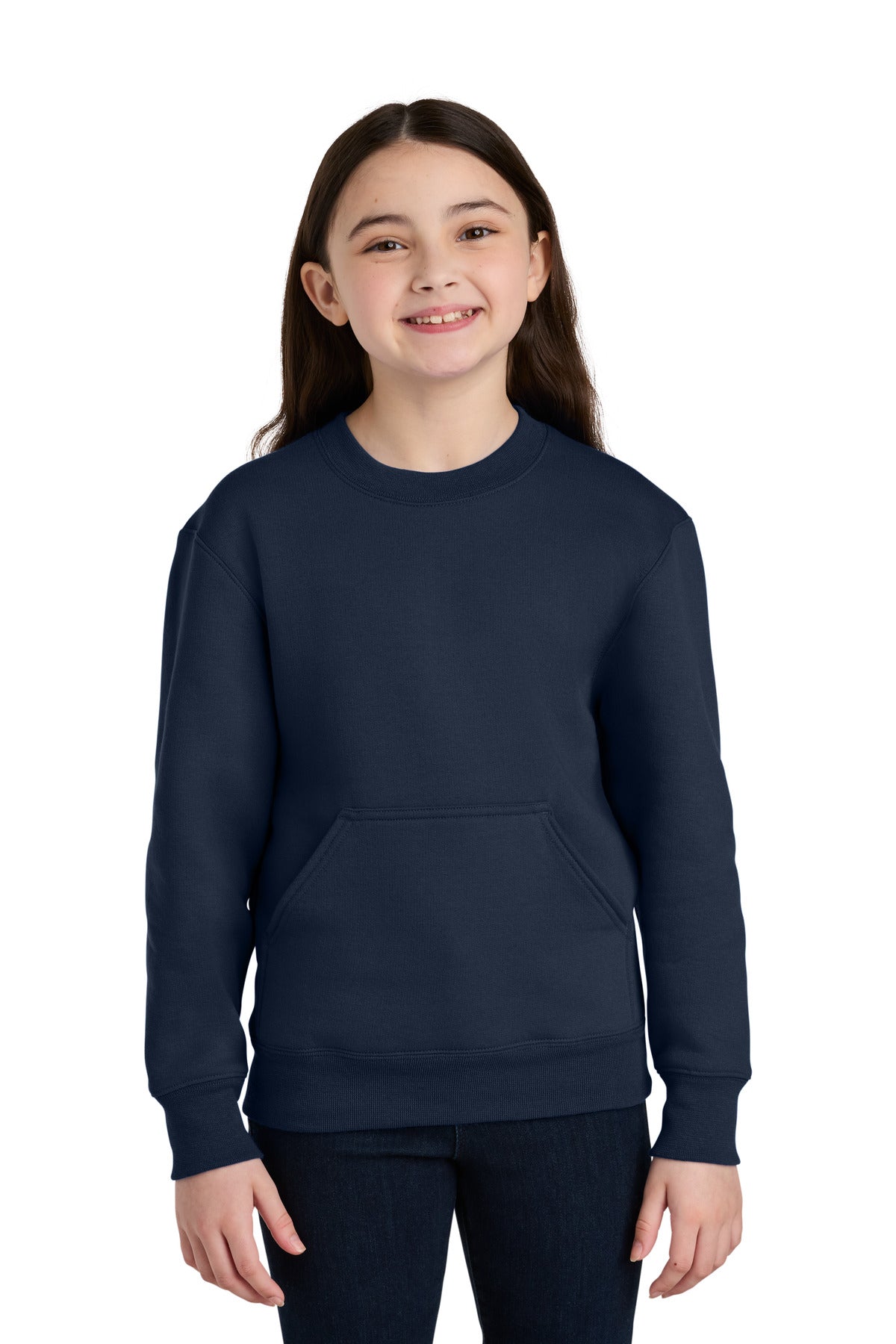 Front View of TrueNavy Port & Co Youth Core Fleece Crewneck Pocket Sweatshirt PC78YPKT
