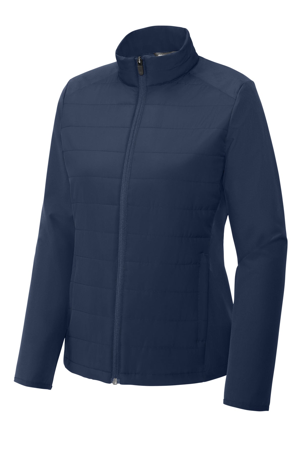 Front View of TrueNavy Sport-Tek Women's Teknical Hybrid Jacket LST940