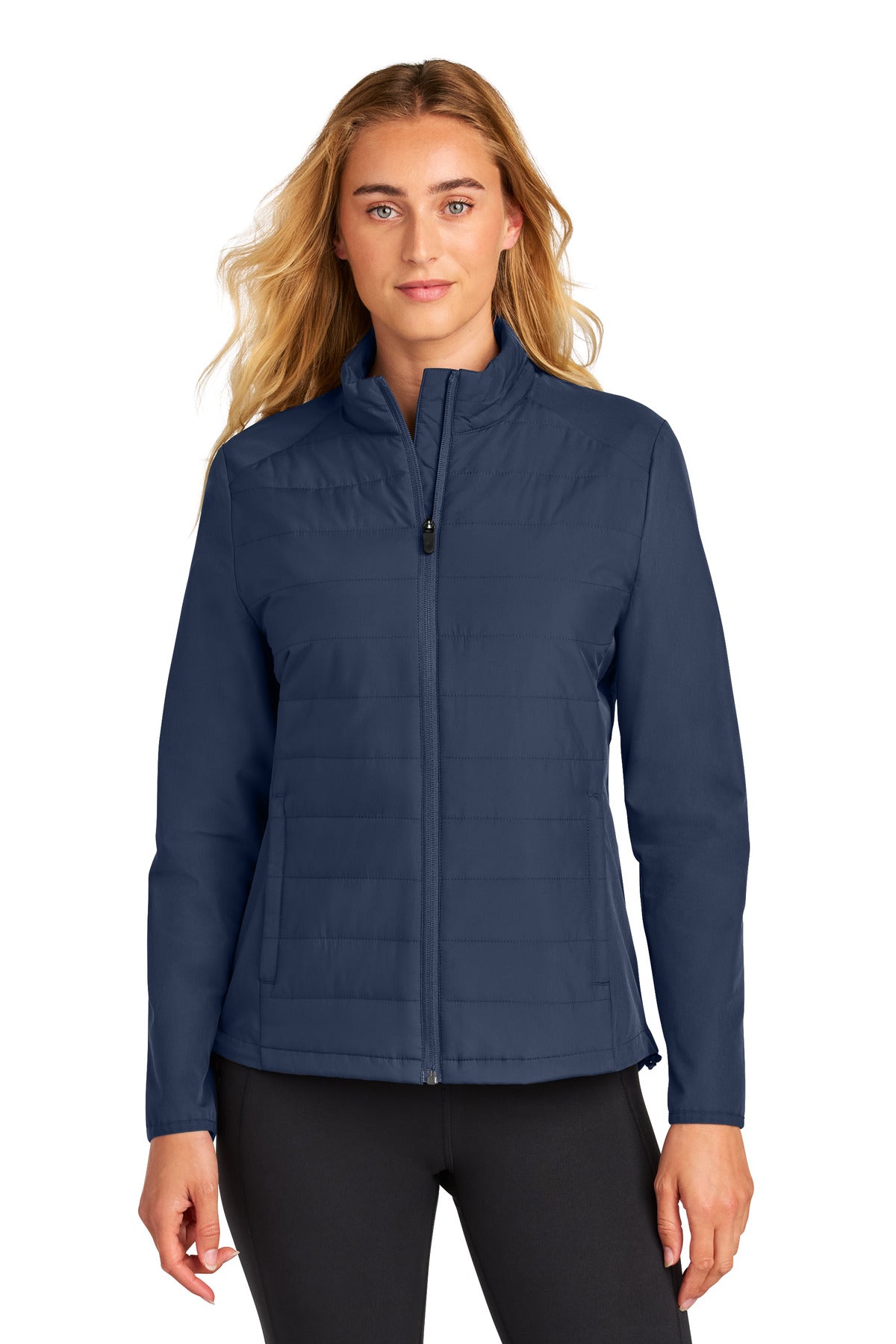 Front View of TrueNavy Sport-Tek Women's Teknical Hybrid Jacket LST940