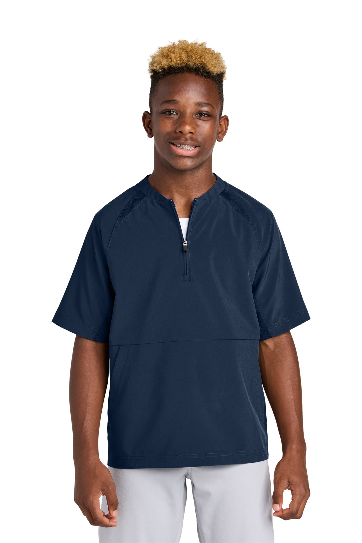 Front View of TrueNavy Sport-Tek Youth Repeat 1/2-Zip Short Sleeve Jacket YJST489