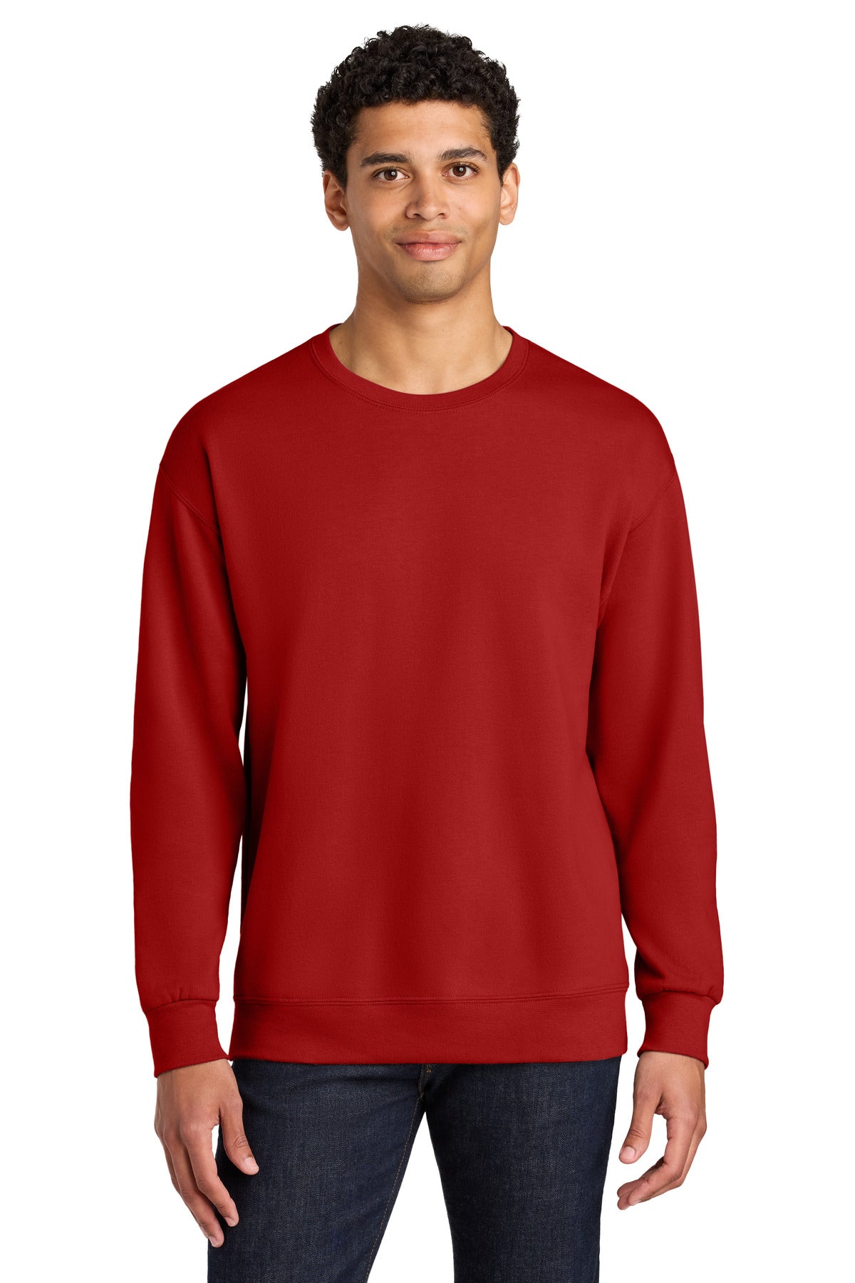 Front View of TrueRed Jerzees Ultimate Unisex CVC Ring Spun Crewneck Sweatshirt IC48M