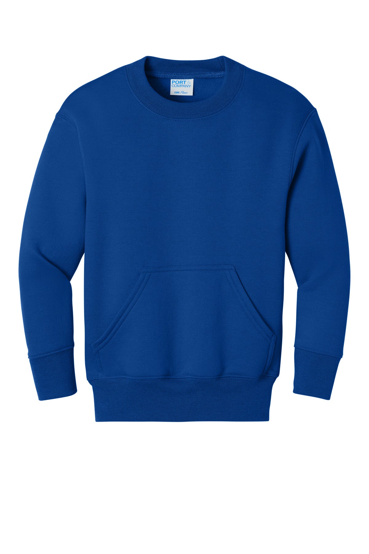 Front View of TrueRoyal Port & Co Youth Core Fleece Crewneck Pocket Sweatshirt PC78YPKT