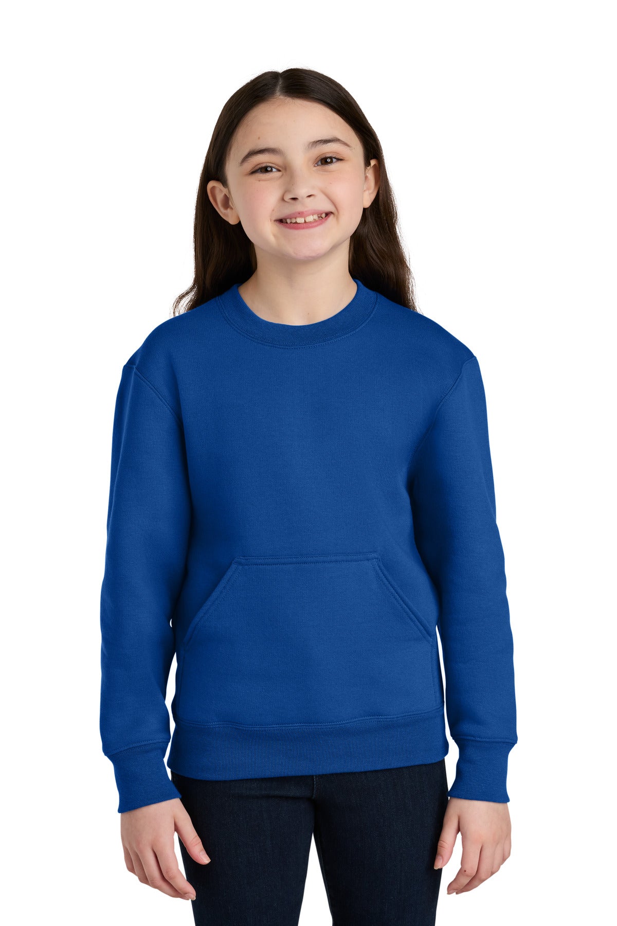 Front View of TrueRoyal Port & Co Youth Core Fleece Crewneck Pocket Sweatshirt PC78YPKT