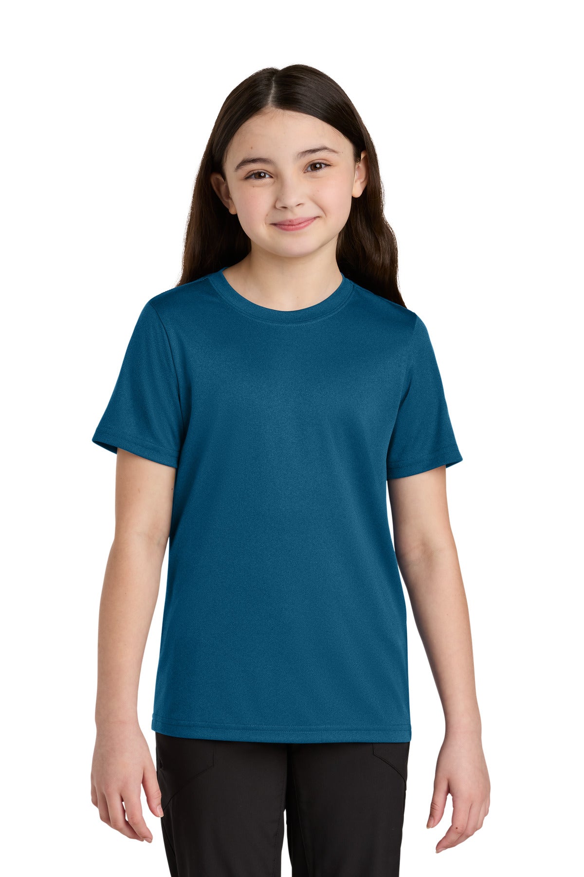 Front View of VgSapphire Port & Co Youth Heather Performance Tee PC390Y