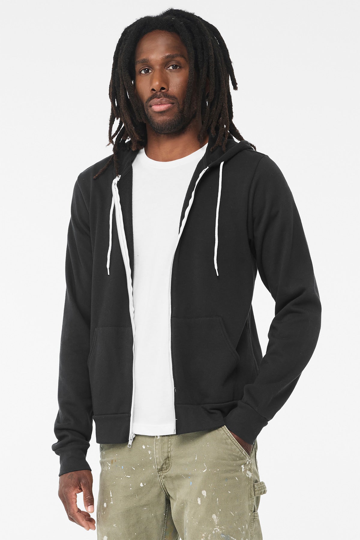 Front View of VtgBlack BELLA+CANVAS Unisex Sponge Fleece Full-Zip Hoodie. BC3739