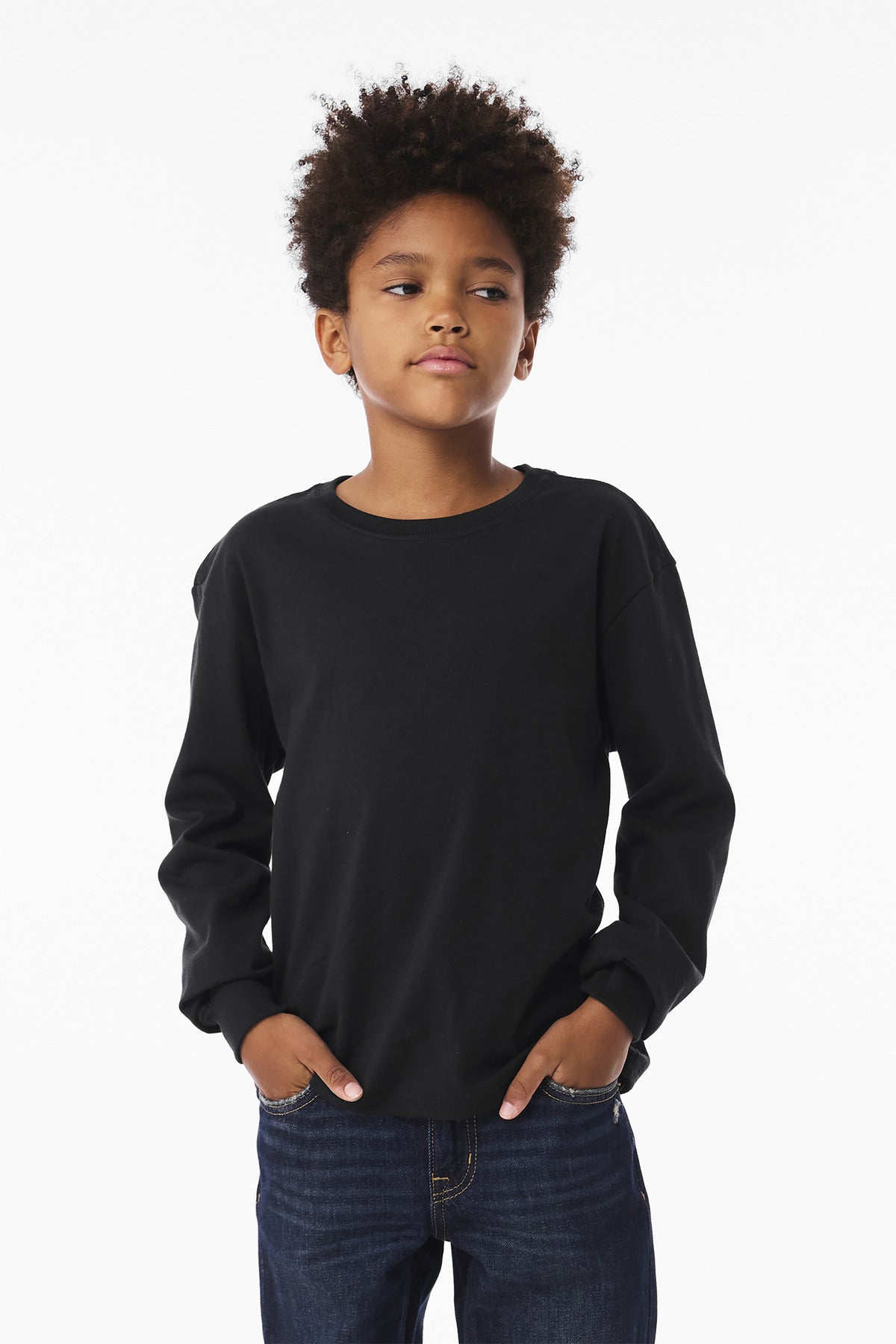 Front View of VtgBlack BELLA+CANVAS Youth 6-Ounce Heavyweight Long Sleeve Tee BC3511Y