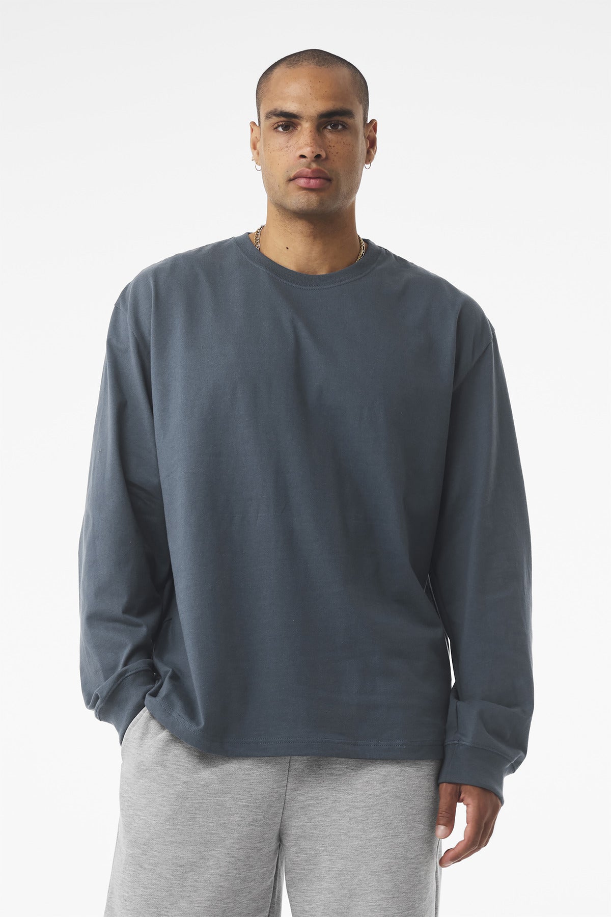 Front View of VtgNavy BELLA+CANVAS Unisex 7.5-Ounce Heavyweight Long Sleeve Tee BC4651