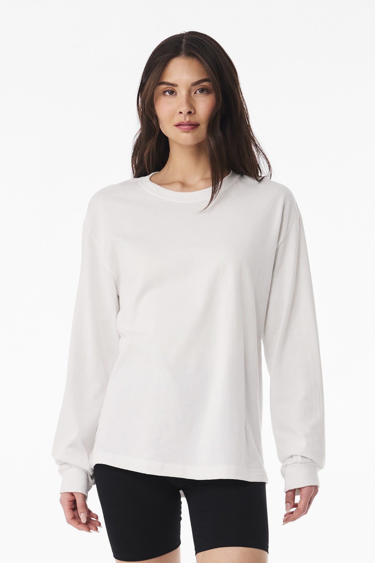 Front View of VtgWhite BELLA+CANVAS Unisex 6-Ounce Heavyweight Long Sleeve Tee BC3511