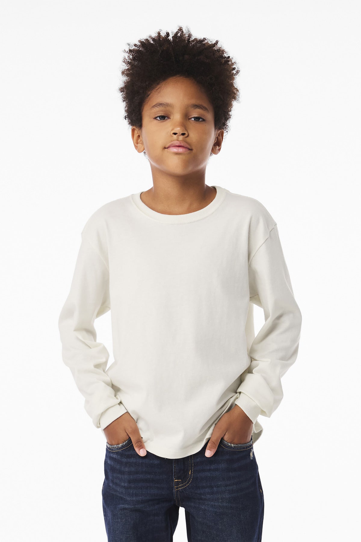 Front View of VtgWhite BELLA+CANVAS Youth 6-Ounce Heavyweight Long Sleeve Tee BC3511Y