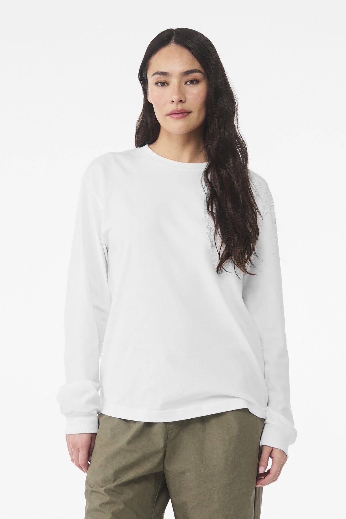 Front View of White BELLA+CANVAS Unisex 6-Ounce Heavyweight Long Sleeve Tee BC3511