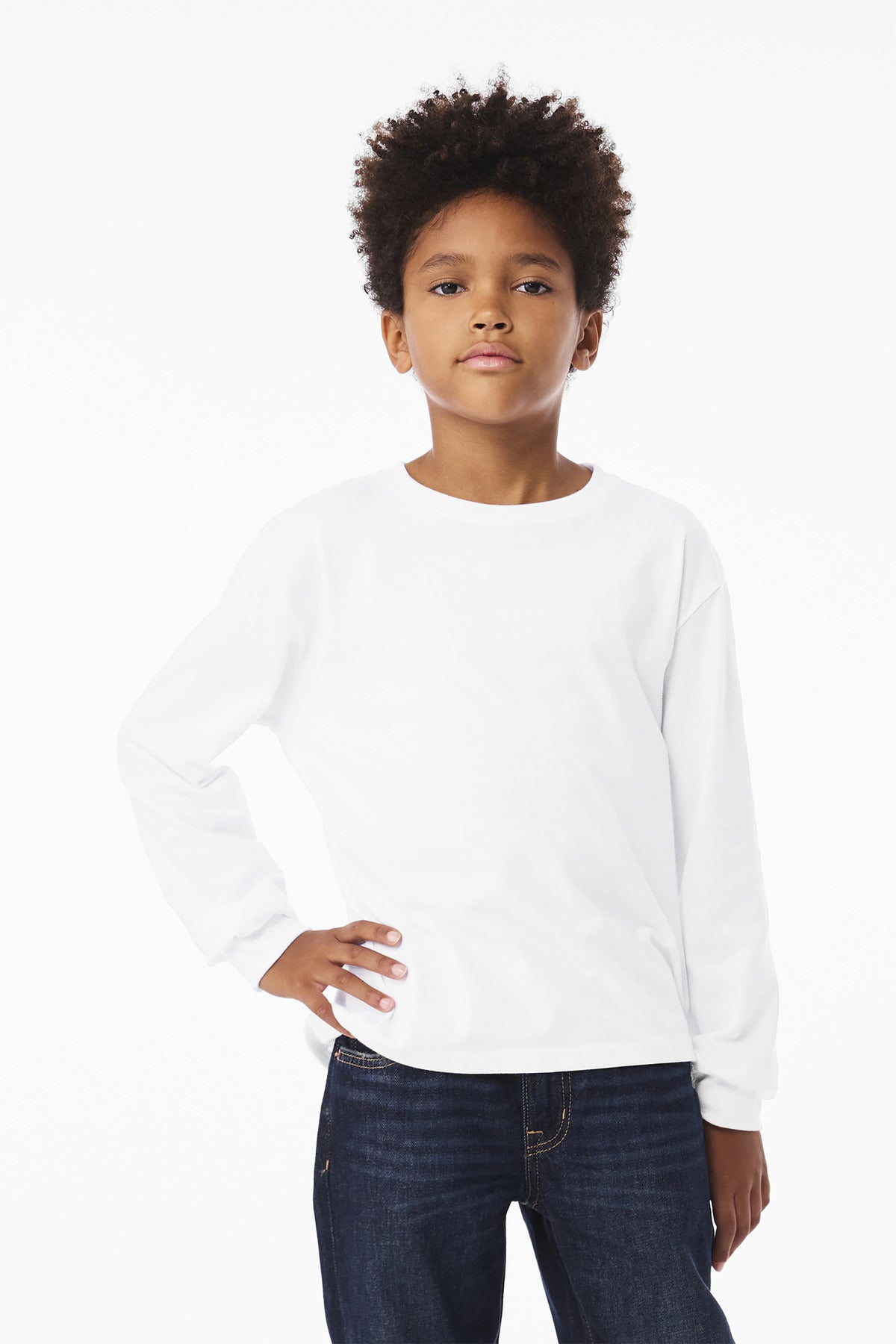 Front View of White BELLA+CANVAS Youth 6-Ounce Heavyweight Long Sleeve Tee BC3511Y