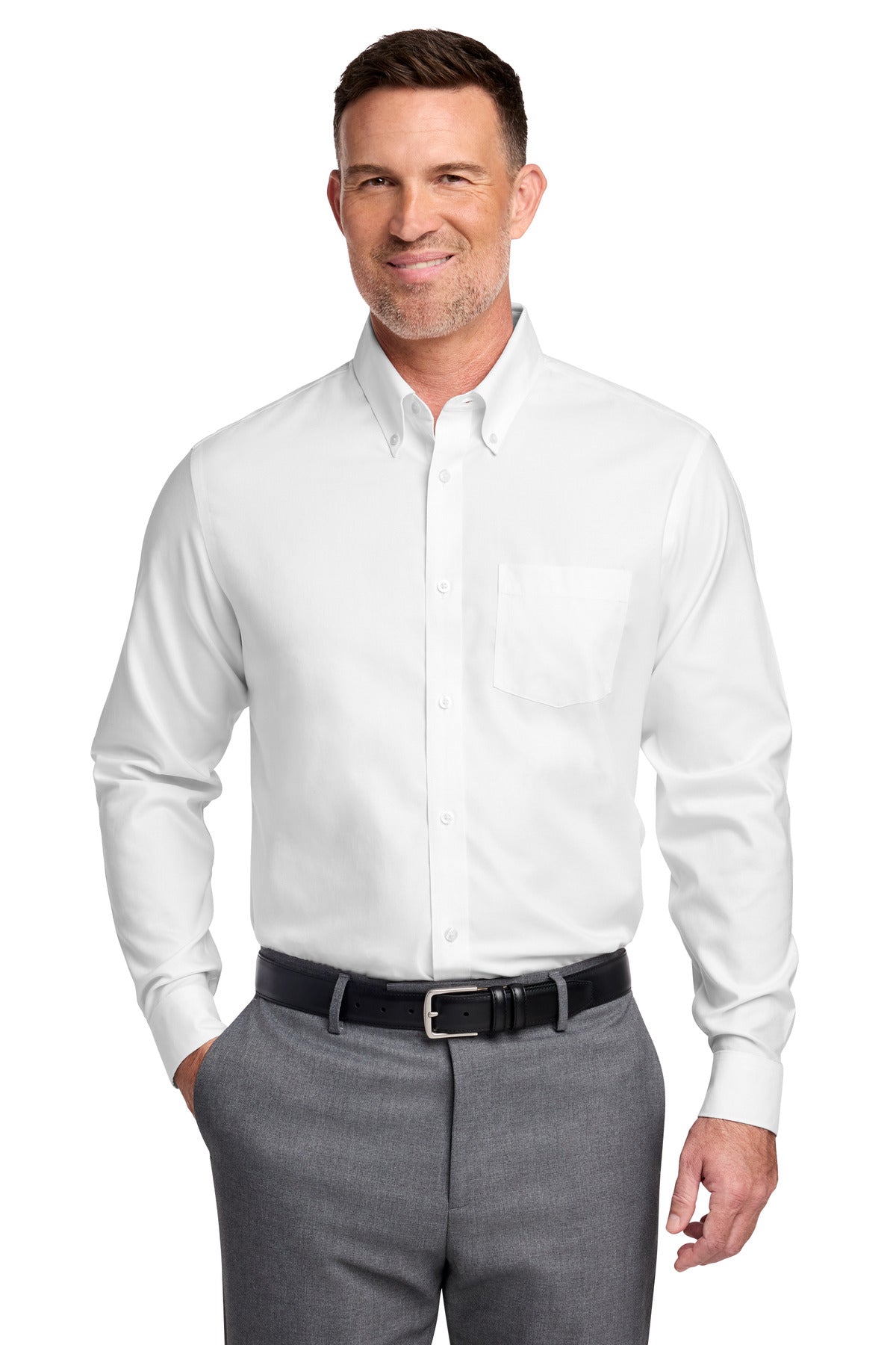 Front View of White Brooks Brothers Tall Wrinkle-Free Stretch Nailhead Shirt TBB18002