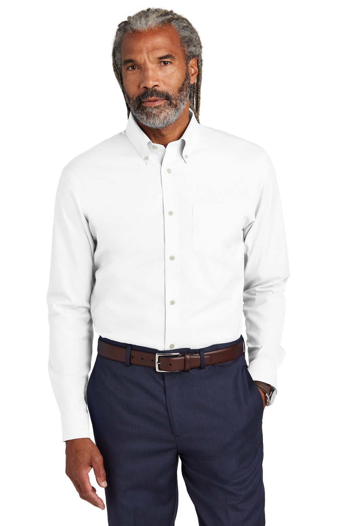 Front View of White Brooks Brothers Tall Wrinkle-Free Stretch Pinpoint Shirt TBB18000