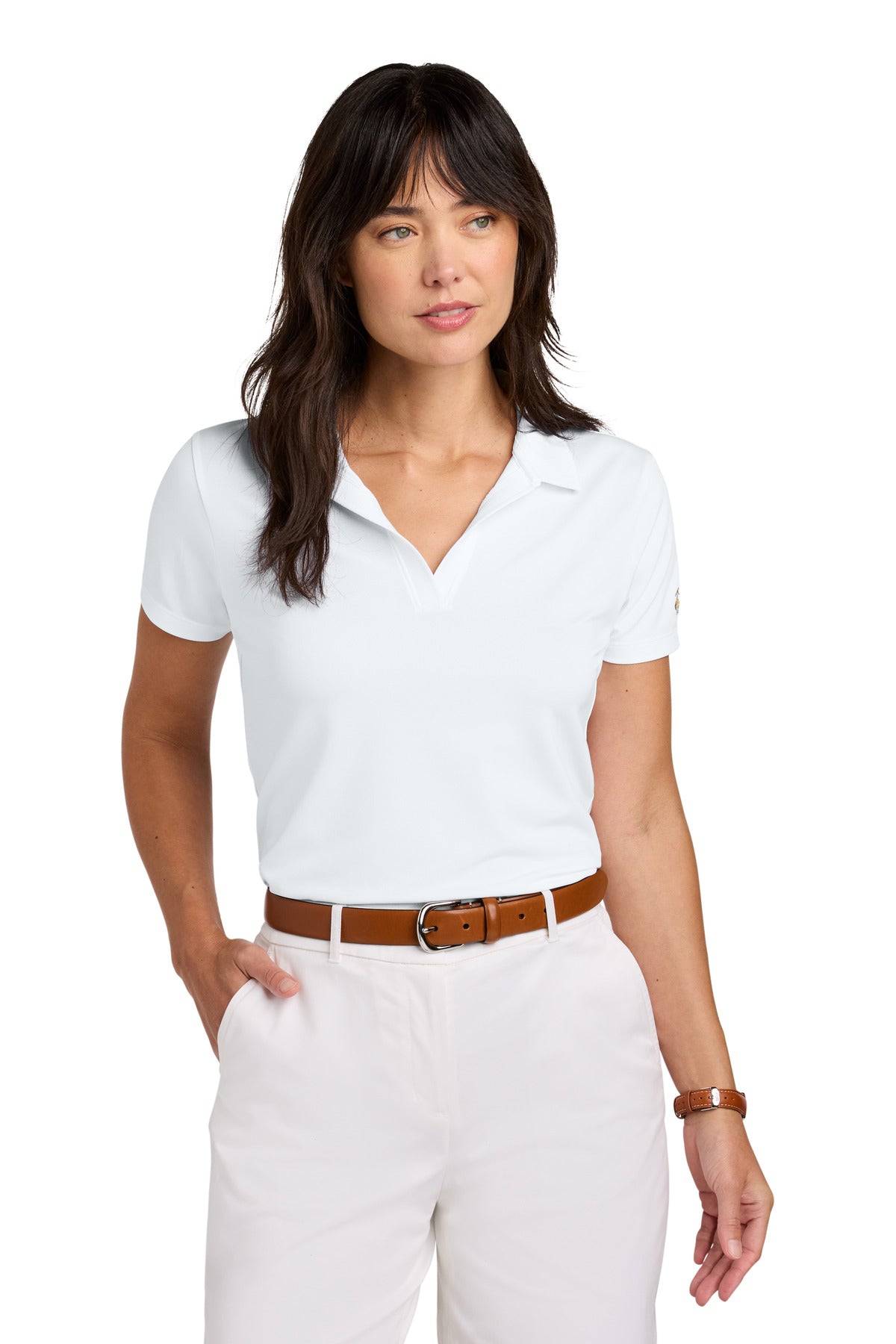 Front View of White Brooks Brothers Women's Mesh Pique Performance Polo BB18221