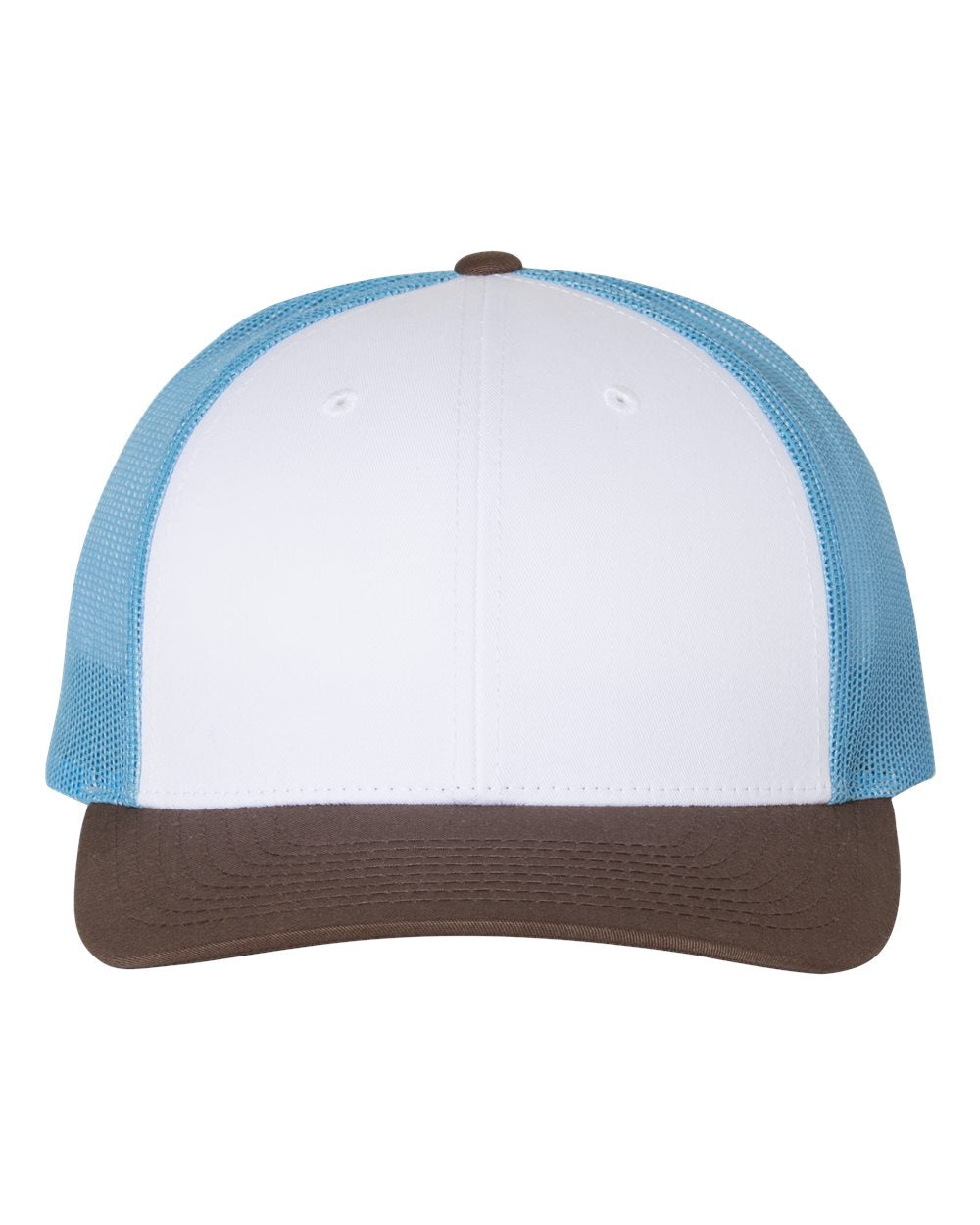 Front View of White/ Columbia Blue/ Brown Low Pro Trucker Cap - 115