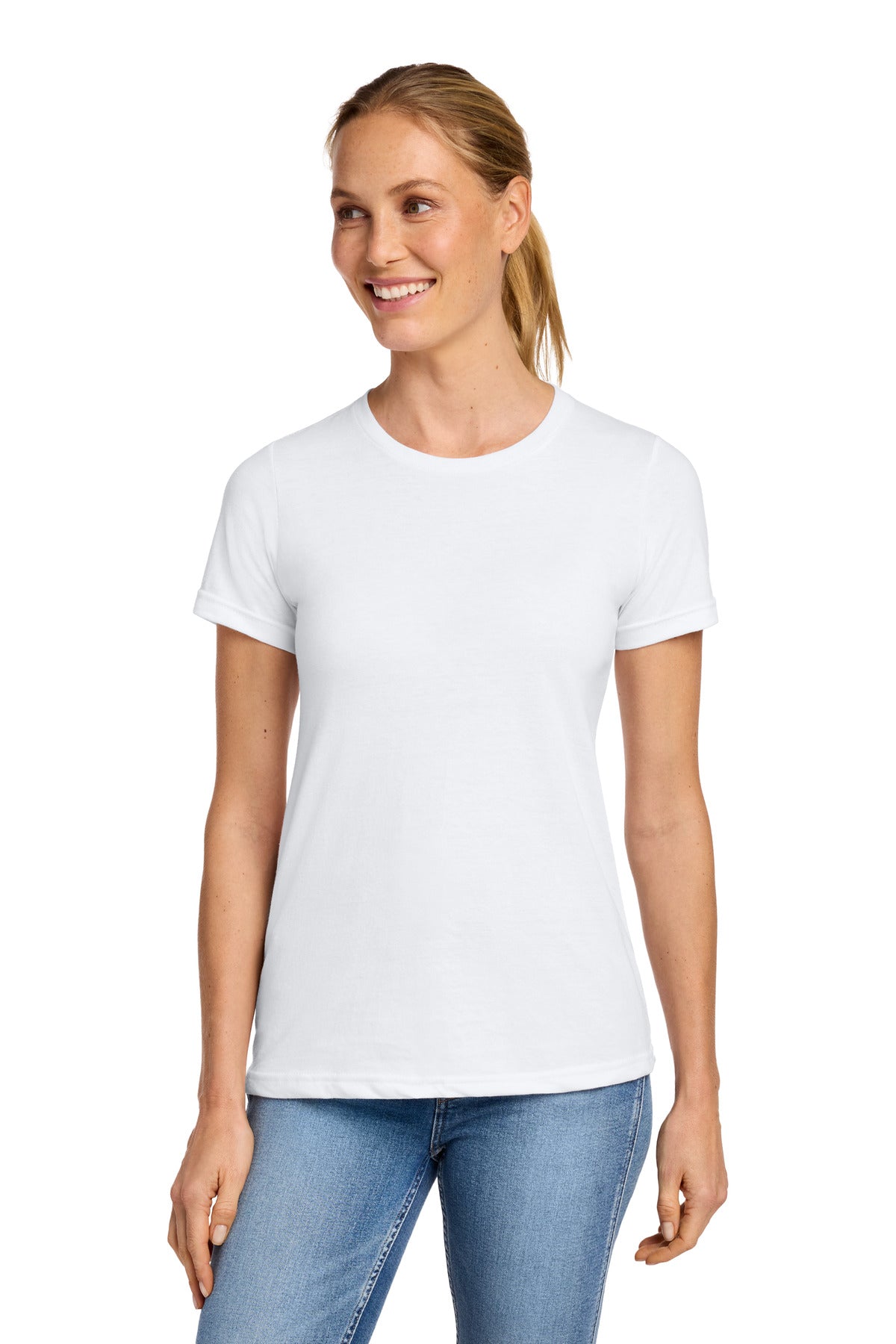 Front View of White Gildan Softstyle Women's CVC T-Shirt 64001LCVC