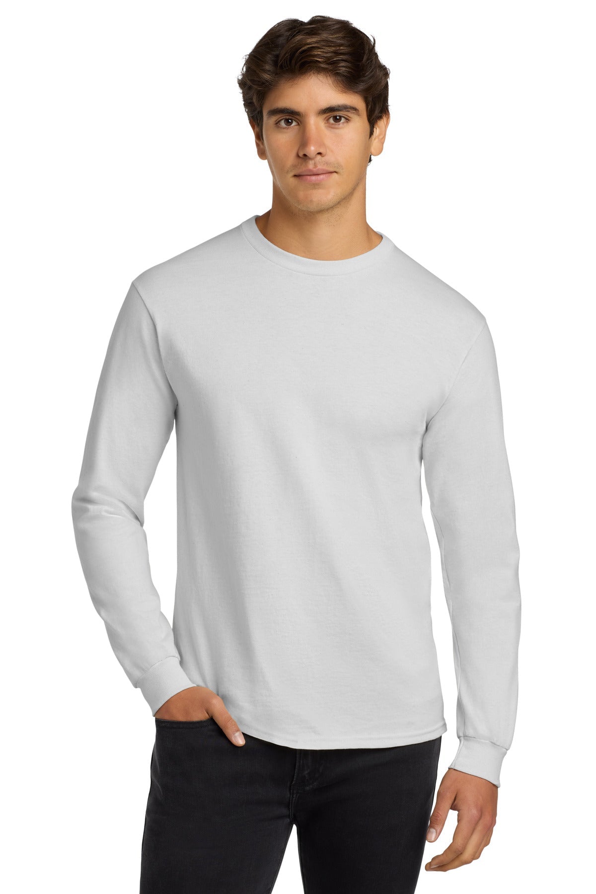 Front View of White Gildan - Ultra Cotton 100% US Cotton Long Sleeve T-Shirt. G2400