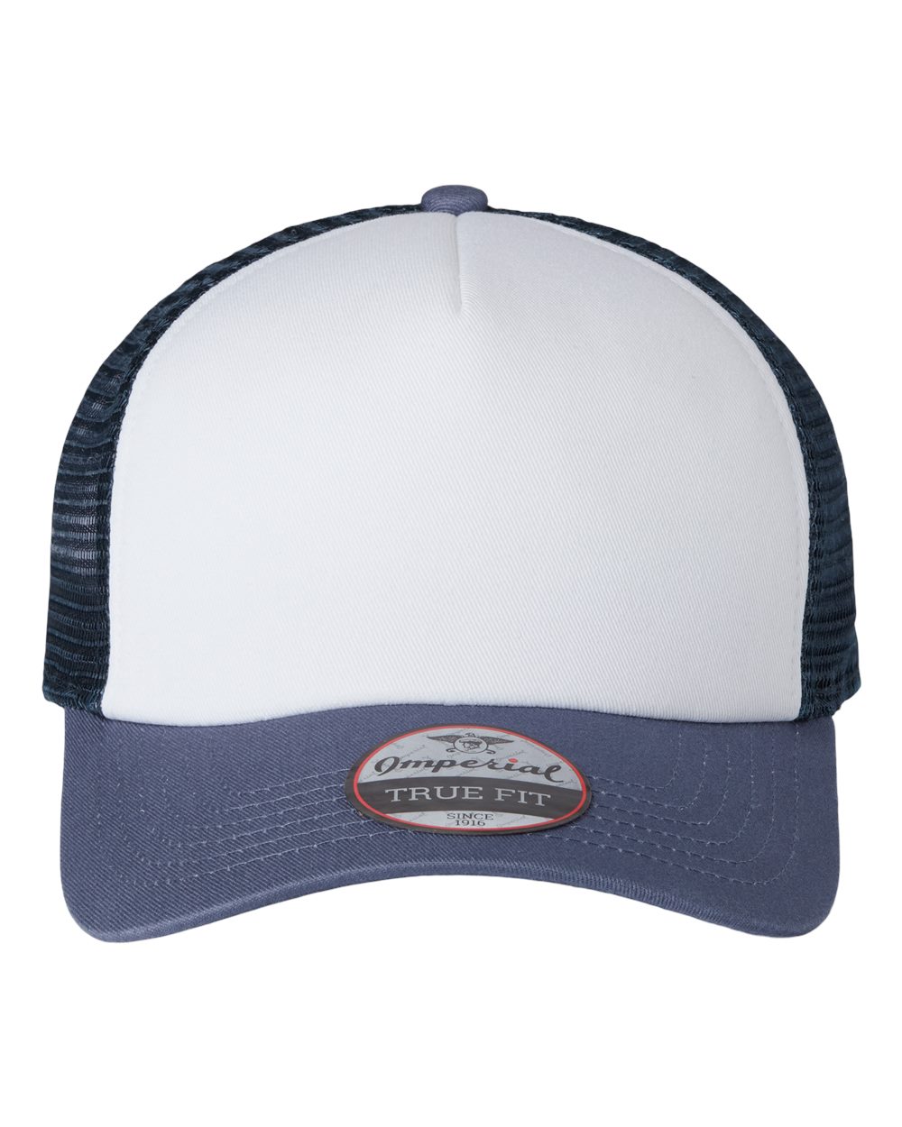 Front View of White/ Indigo/ Dark Navy North Country Trucker Cap - 1287