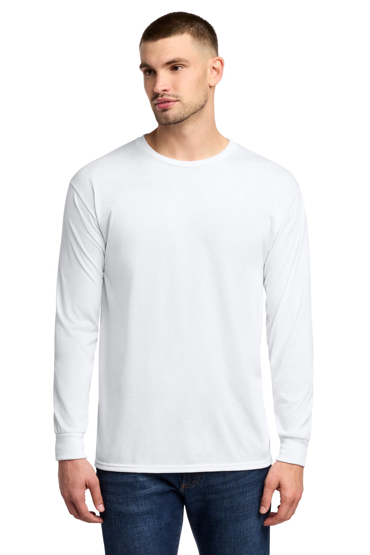 Front View of White Jerzees Dri-Power 100% Polyester Long Sleeve T-Shirt 21LS