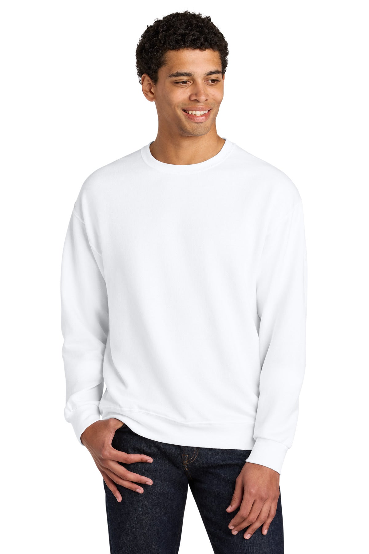 Front View of White Jerzees Ultimate Unisex CVC Ring Spun Crewneck Sweatshirt IC48M