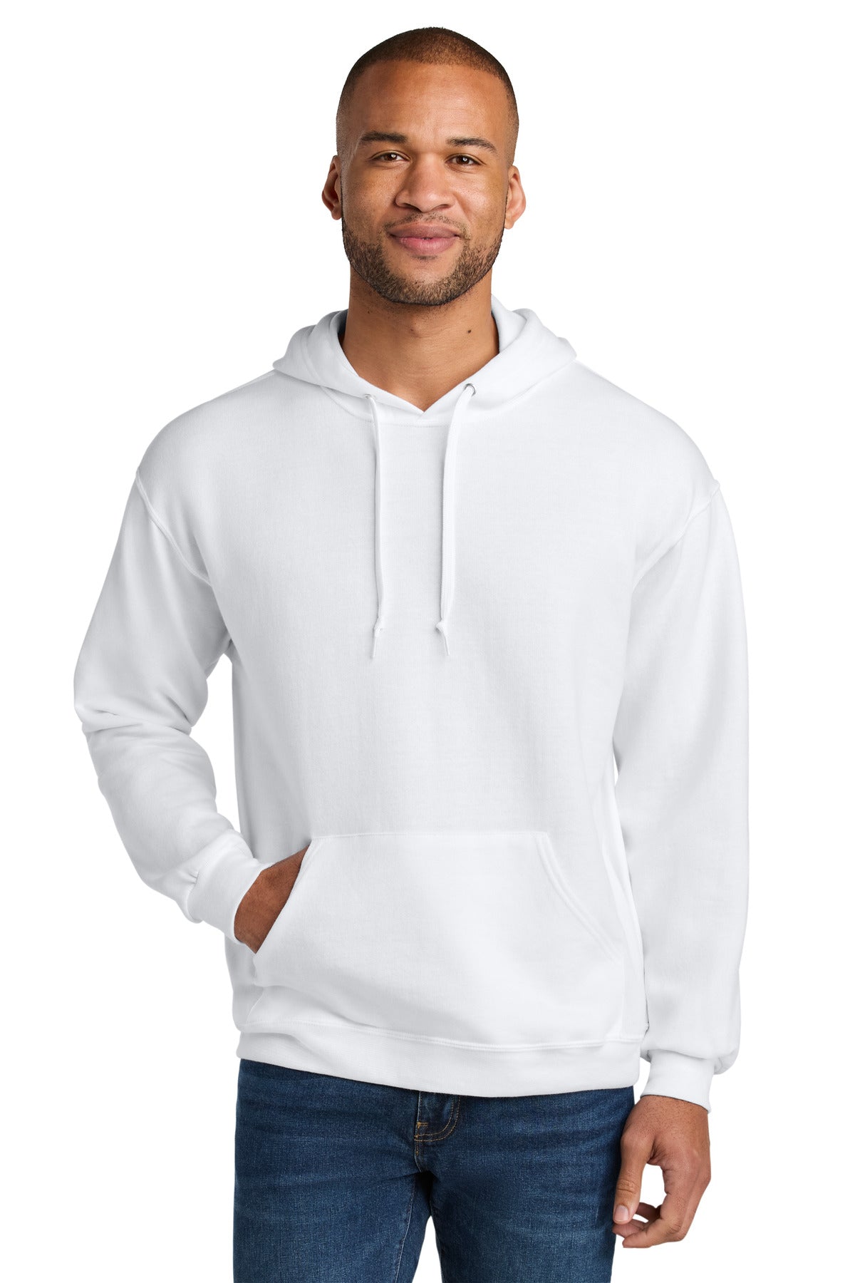 Front View of White Jerzees Ultimate Unisex CVC Ring Spun Hooded Sweatshirt IC49M