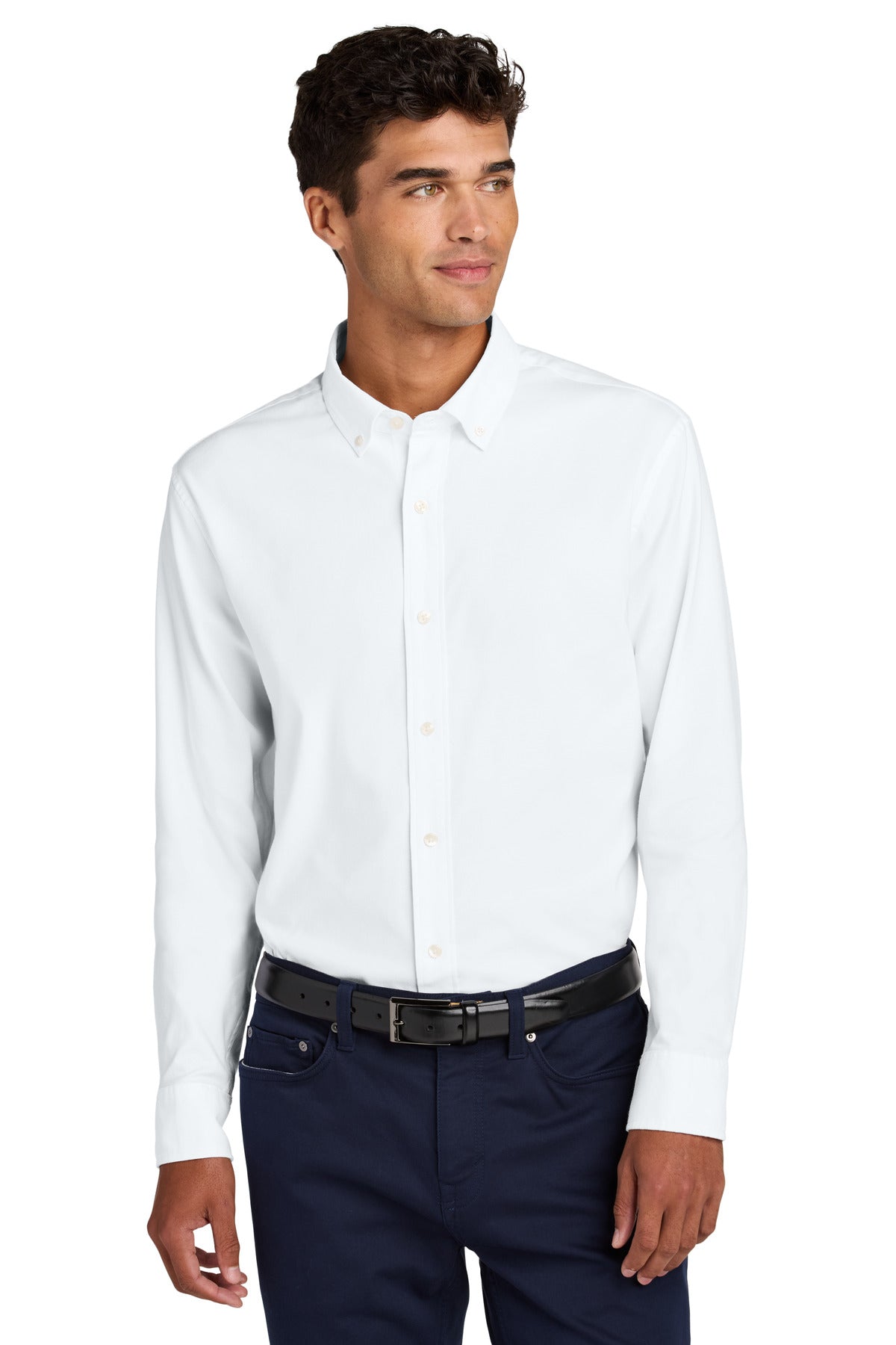 Front View of White Mercer+Mettle Long Sleeve Modern Oxford Shirt MM2002