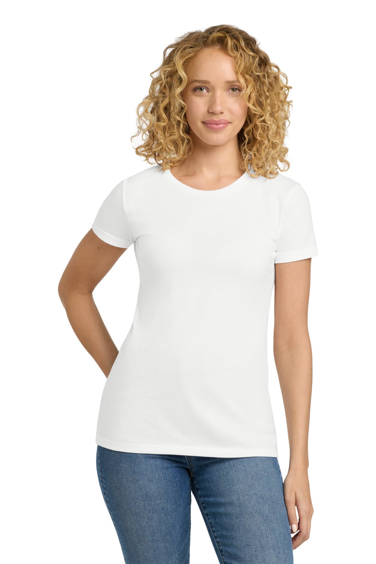 Front View of White Next Level Apparel Women's CVC Tee. NL6610