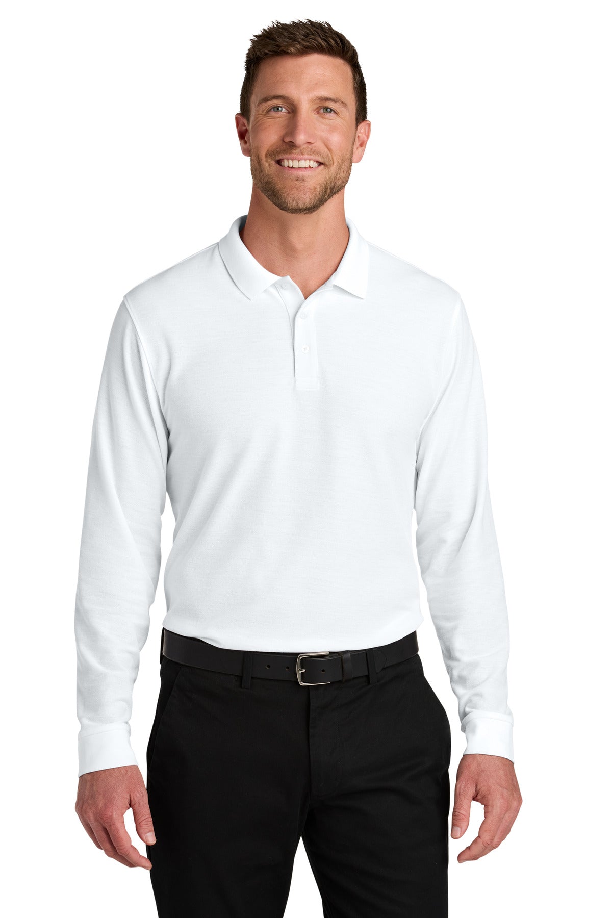 Front View of White Port Authority Wearever Signature Pique Long Sleeve Polo K200LS