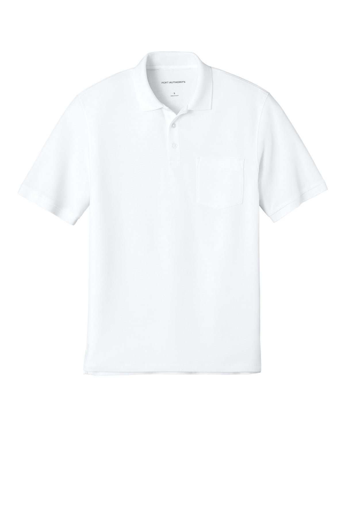 Front View of White Port Authority Wearever Signature Pique Pocket Polo K200P
