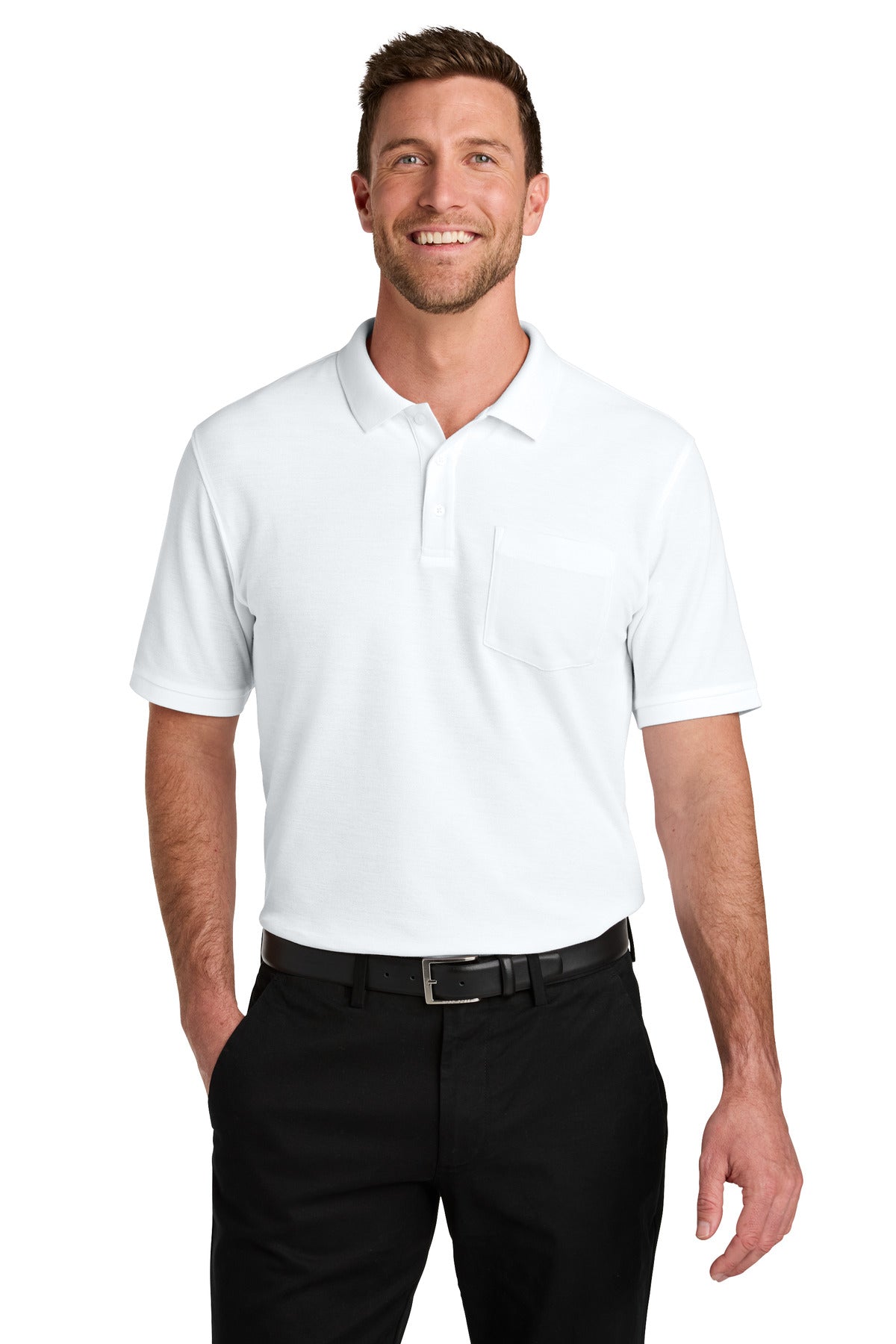 Front View of White Port Authority Wearever Signature Pique Pocket Polo K200P