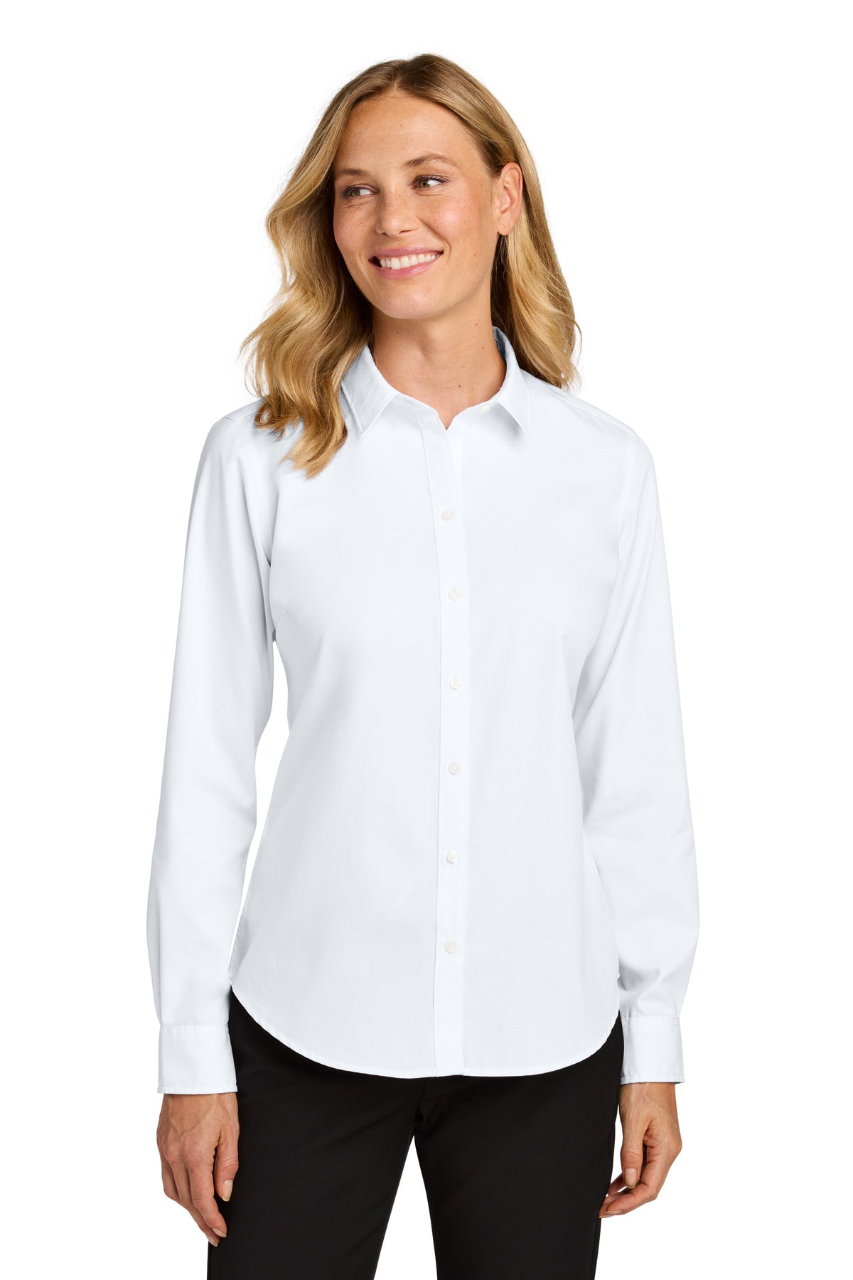 Front View of White Port Authority Women's Long Sleeve Nailhead Easy Care Shirt LW816