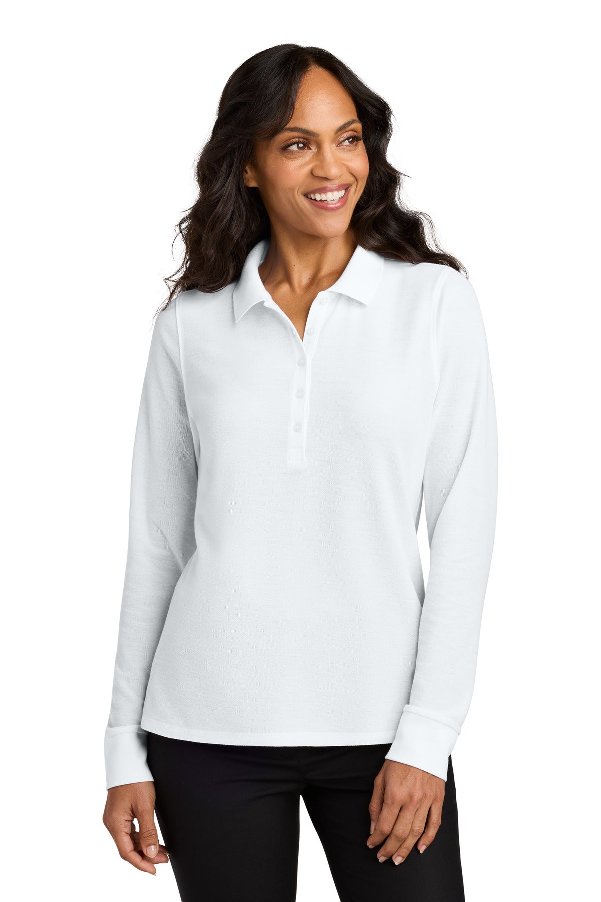 Front View of White Port Authority Women's Wearever Signature Pique Long Sleeve Polo LK200LS
