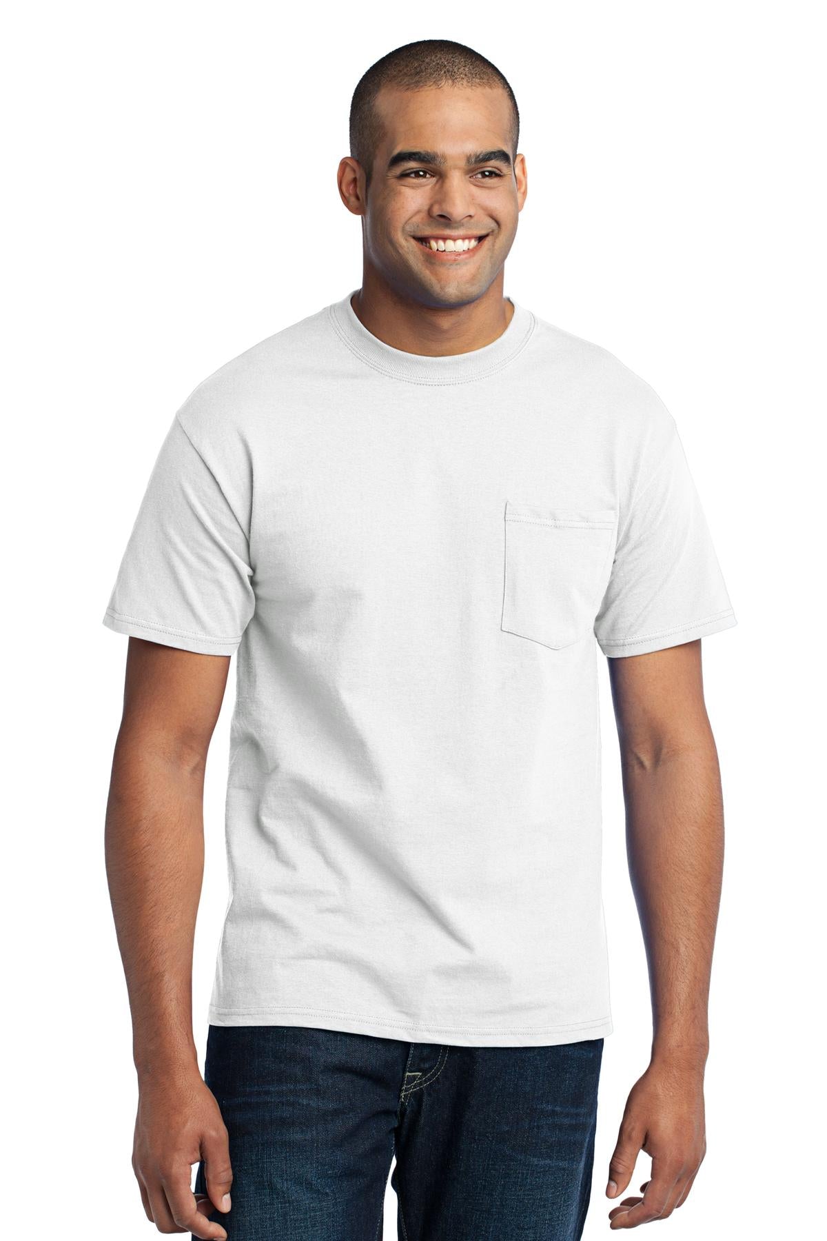 Front View of White Port & Co Core Blend Pocket Tee. PC55P