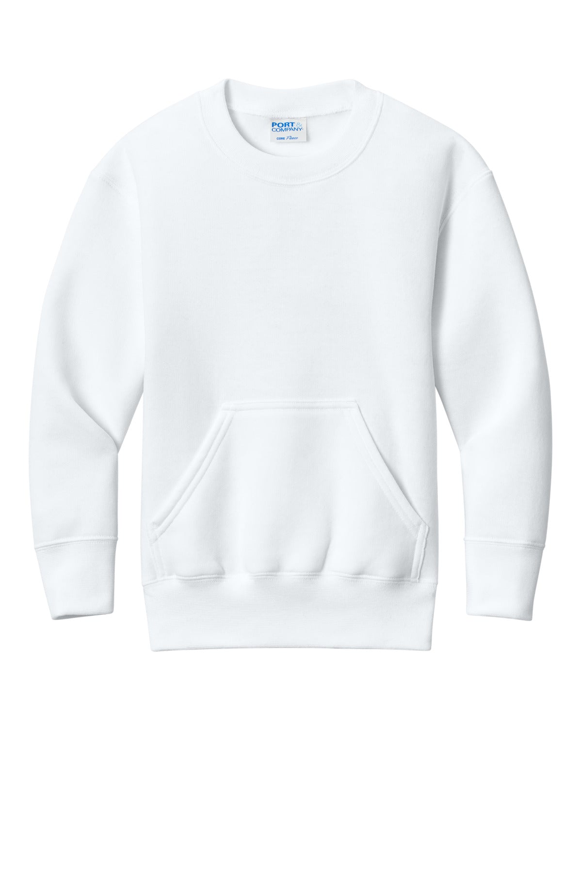 Front View of White Port & Co Youth Core Fleece Crewneck Pocket Sweatshirt PC78YPKT