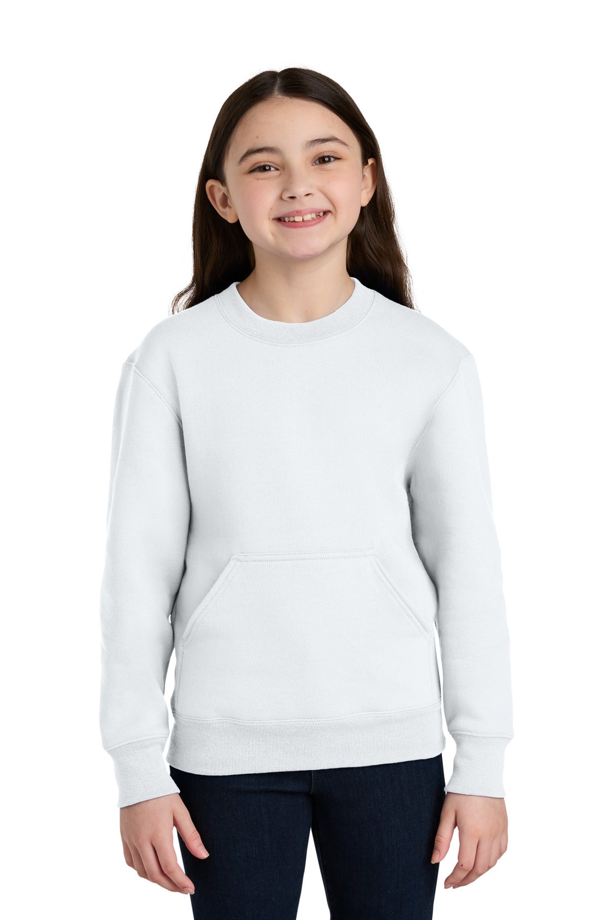 Front View of White Port & Co Youth Core Fleece Crewneck Pocket Sweatshirt PC78YPKT