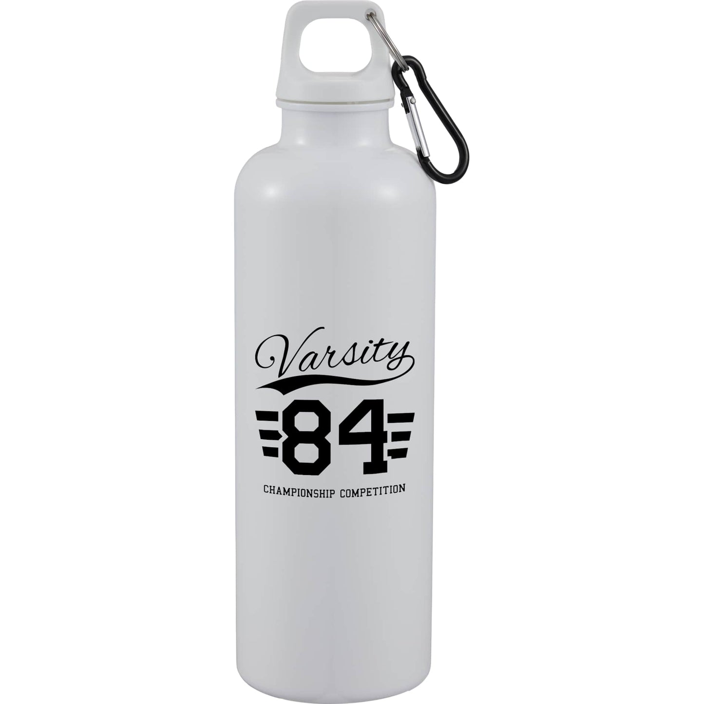 Front View of White Race 25oz Recycled Bottle with Carabiner