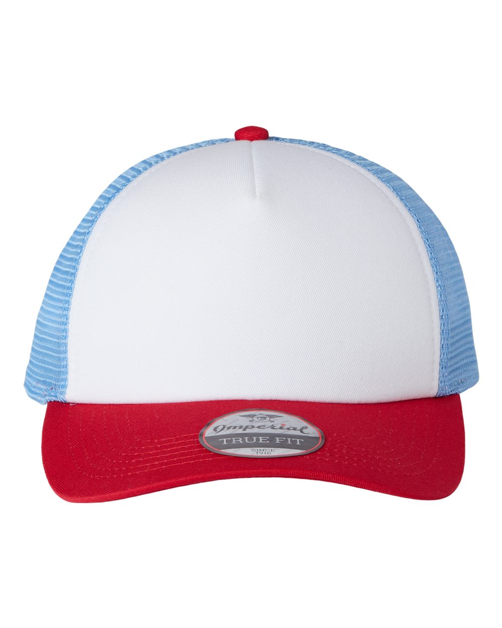 Front View of White/ Red/ Sky Blue North Country Trucker Cap - 1287