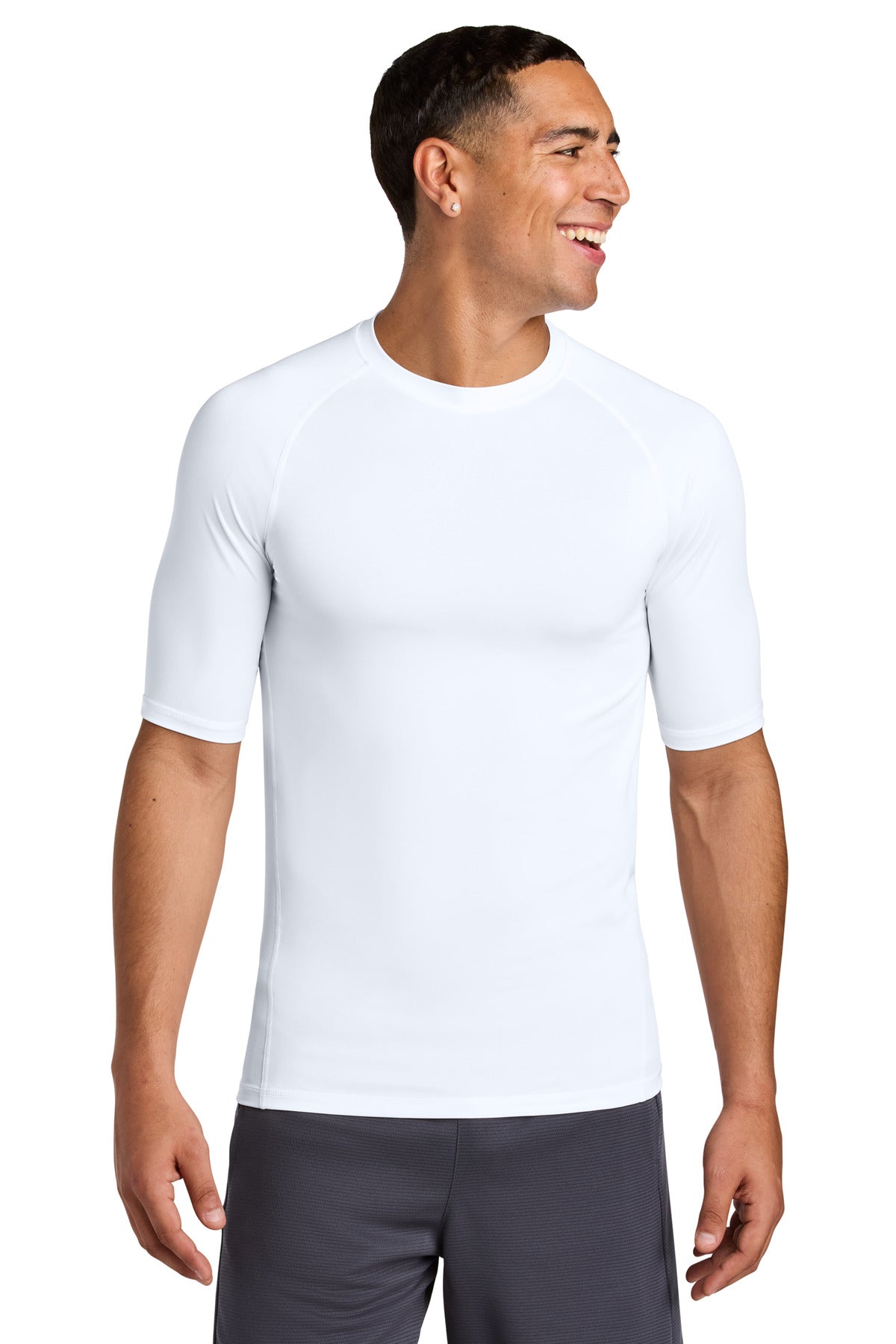 Front View of White Sport-Tek PosiCharge Compression 1/2-Sleeve Tee ST120