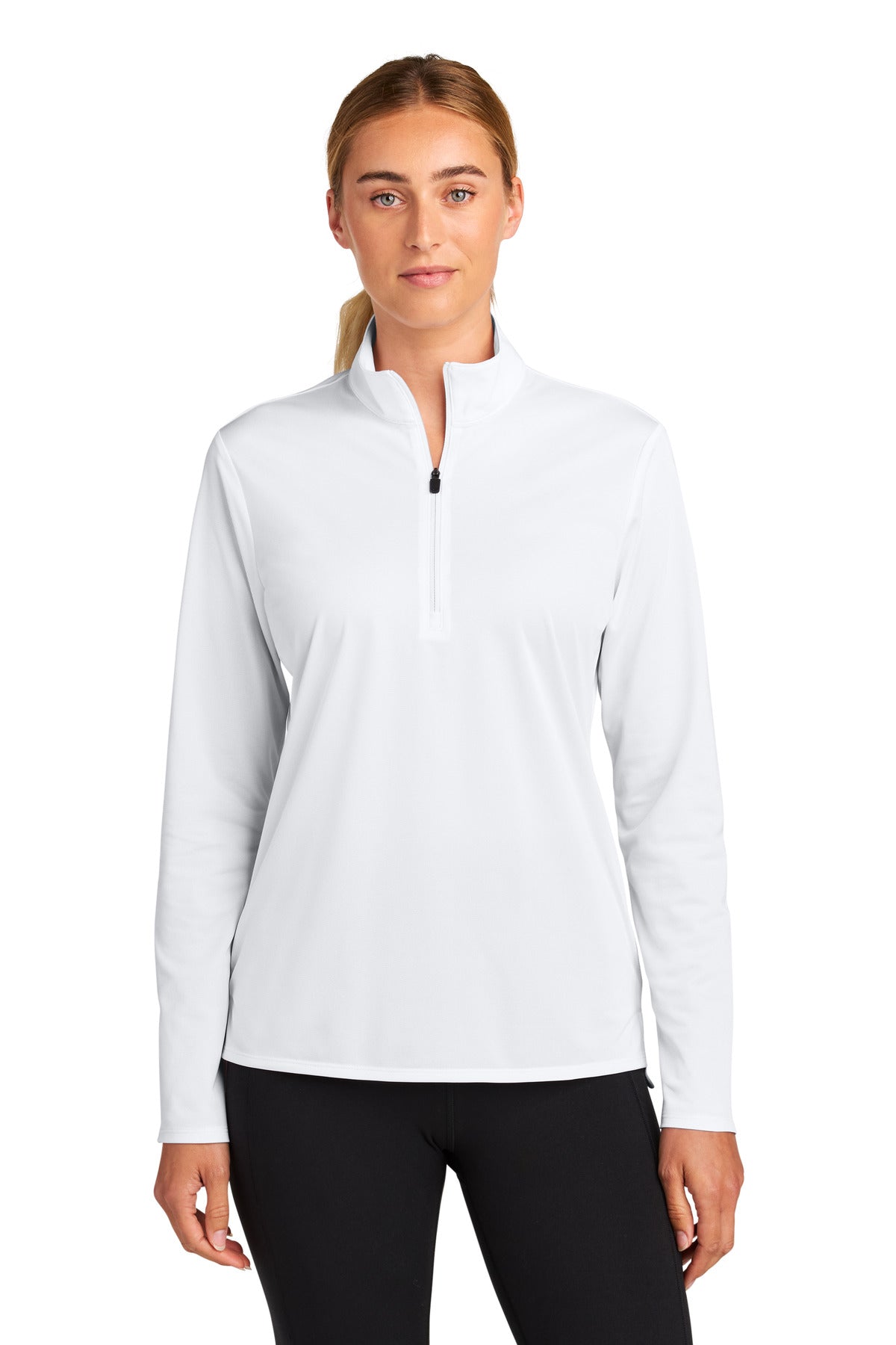 Front View of White Sport-Tek Women's Micropique Sport-Wick 1/4-Zip LST672